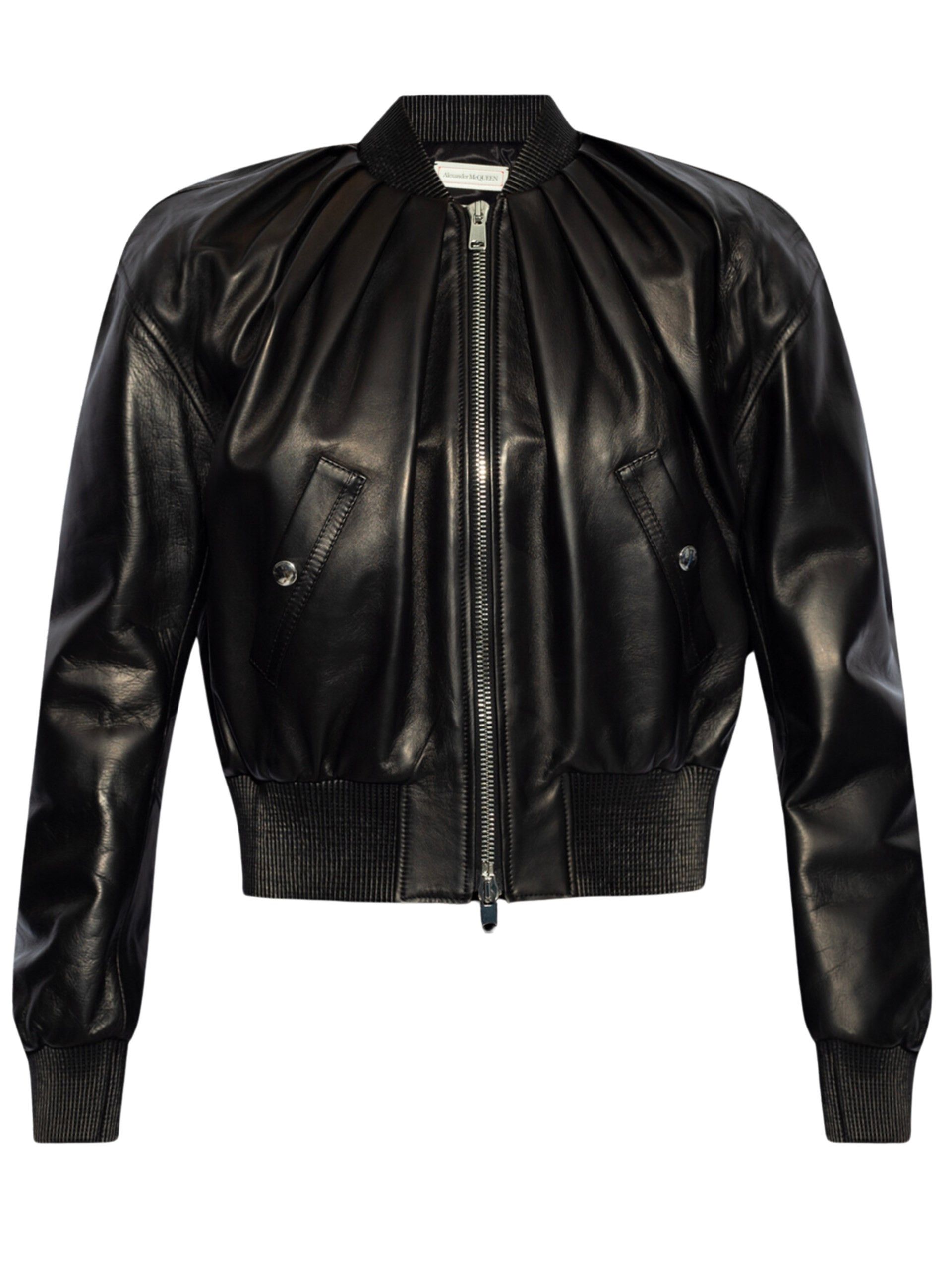 Alexander McQueen o1srvl11e0326 Leather Rouched Bomber Jacket in Black Size M / US 6-8 / IT 42-44 - 1 Thumbnail