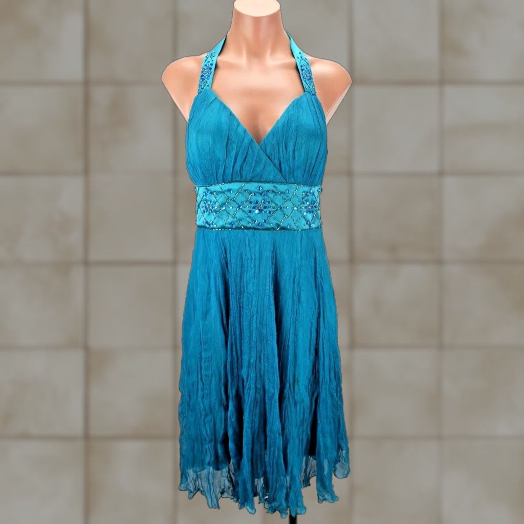 VINTAGE Georgiou Studio VTG 90s Teal Beaded Silk Marilyn Monroe Prom Party Dress 2