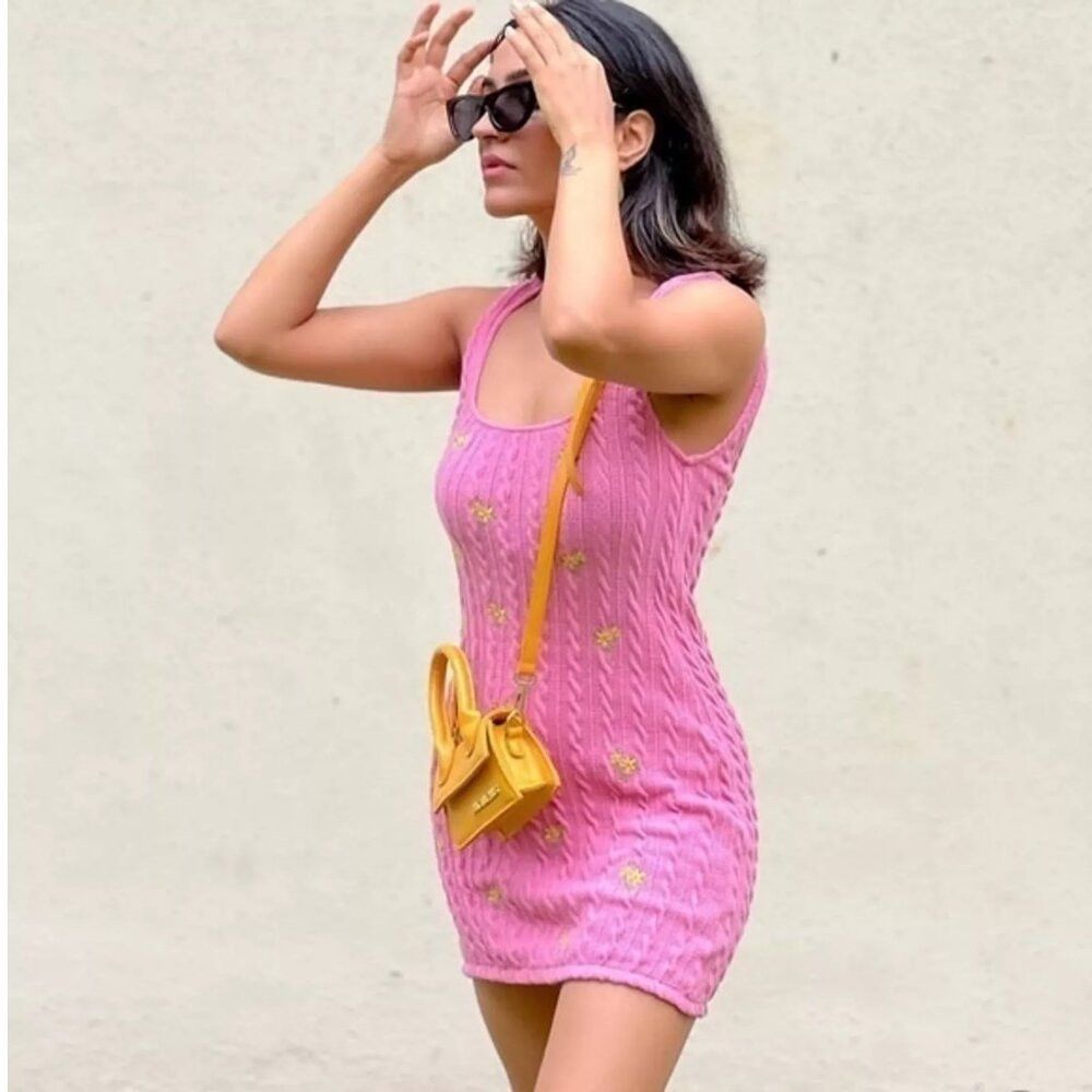 Zara NWT New Zara Cable Knit Embroidered Floral Pink Dress Size Size L / US 10 / IT 46 - 2 Thumbnail