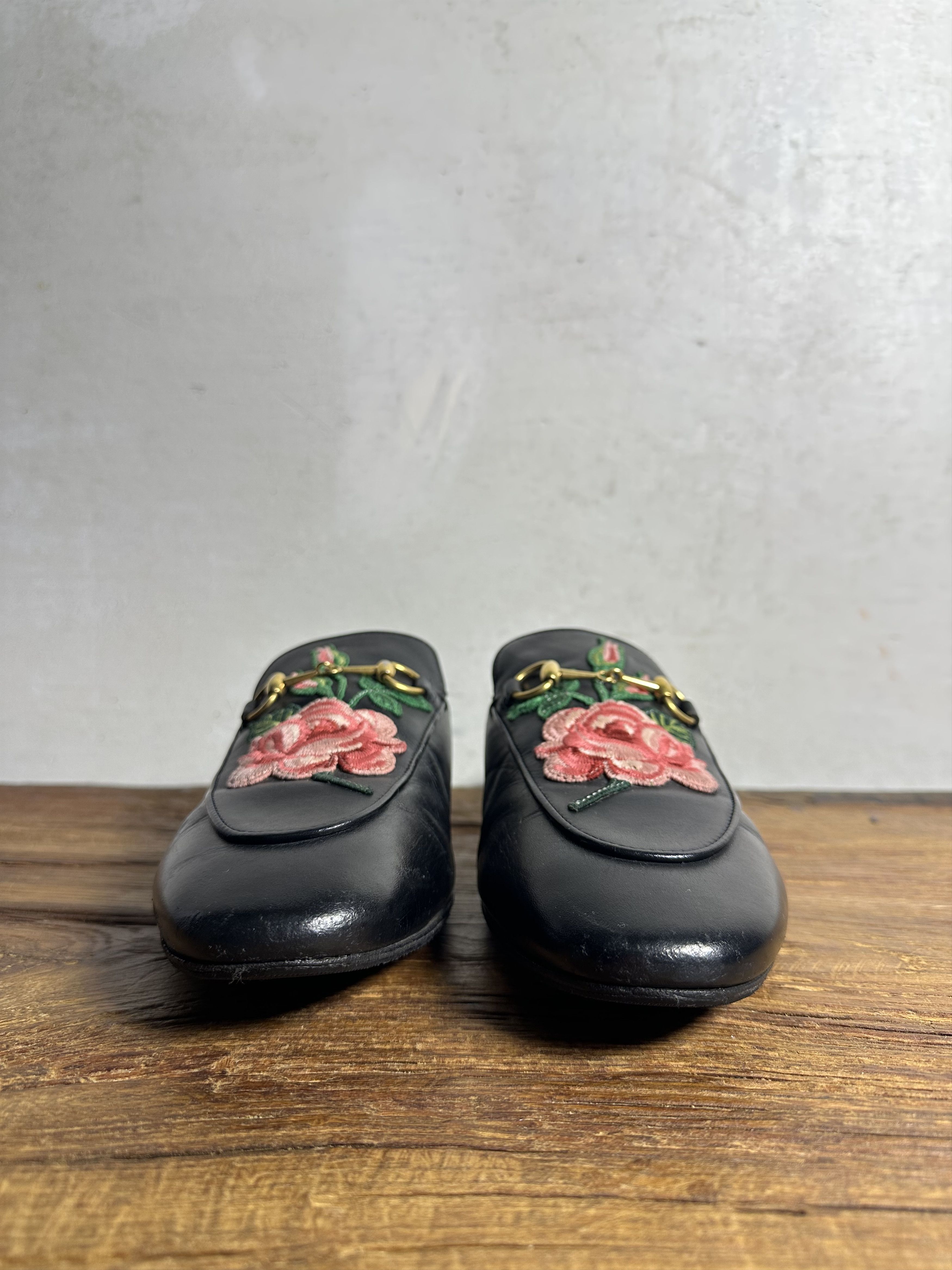 Gucci GUCCI Rose Embroidered Princetown Horsebit Leather Mules Size US 10 / IT 40 - 7 Thumbnail