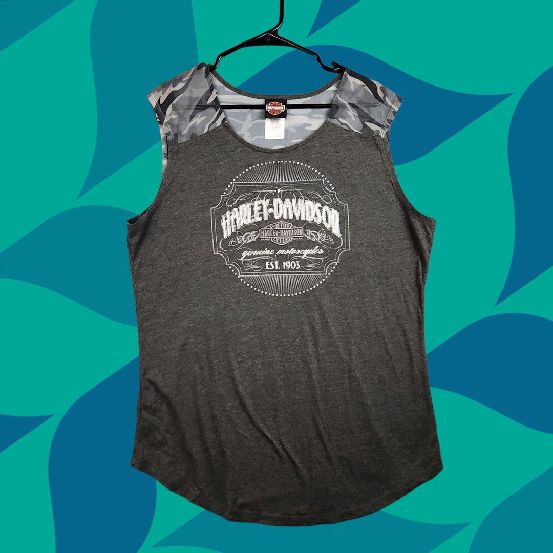 Harley-Davidson Tank Top Women 1XL Gray Camo Graphic Biker Moto, Women's