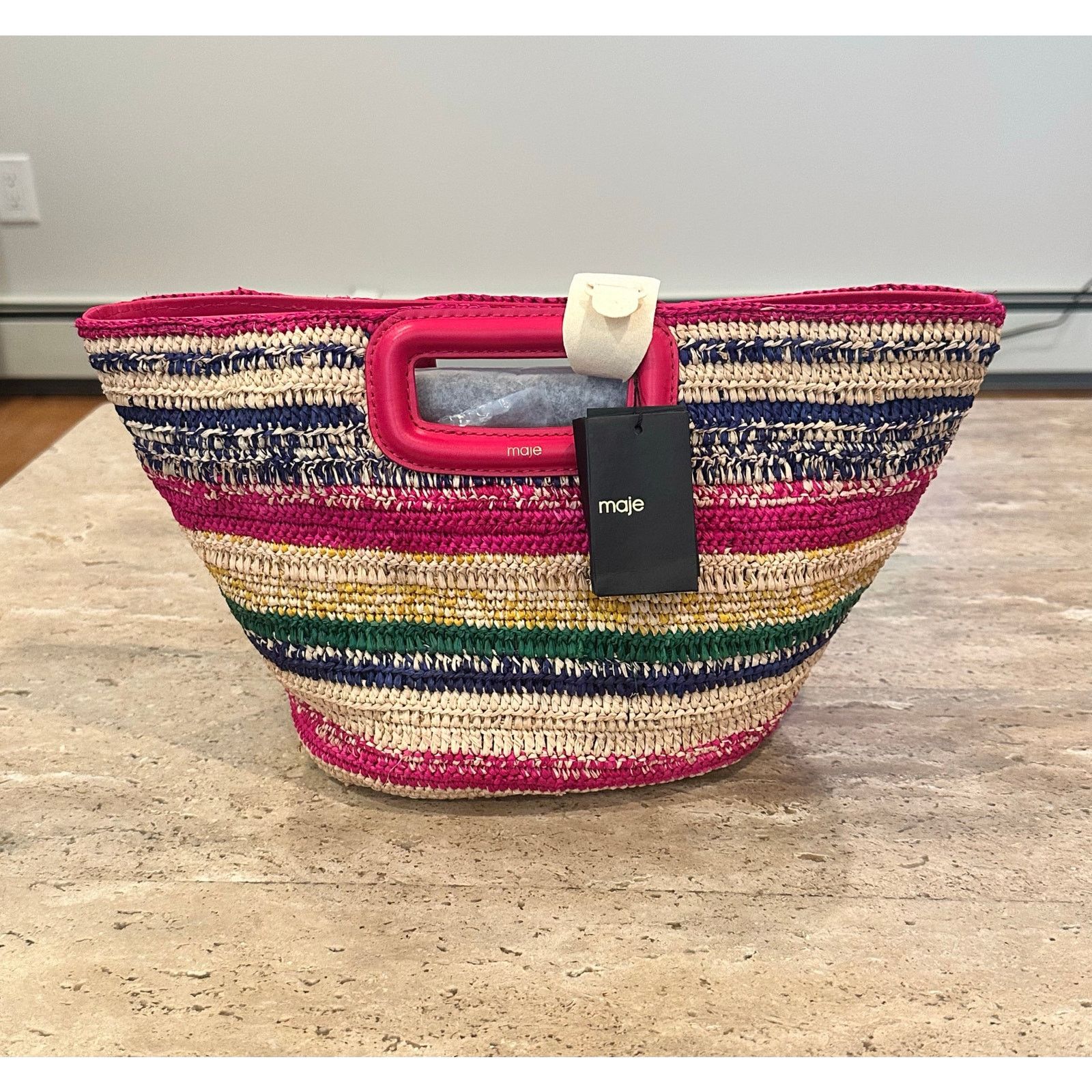 Maje NEW NWT MAJE M Mini Striped Raffia Basket Bag Fuschia Size ONE SIZE - 4 Thumbnail