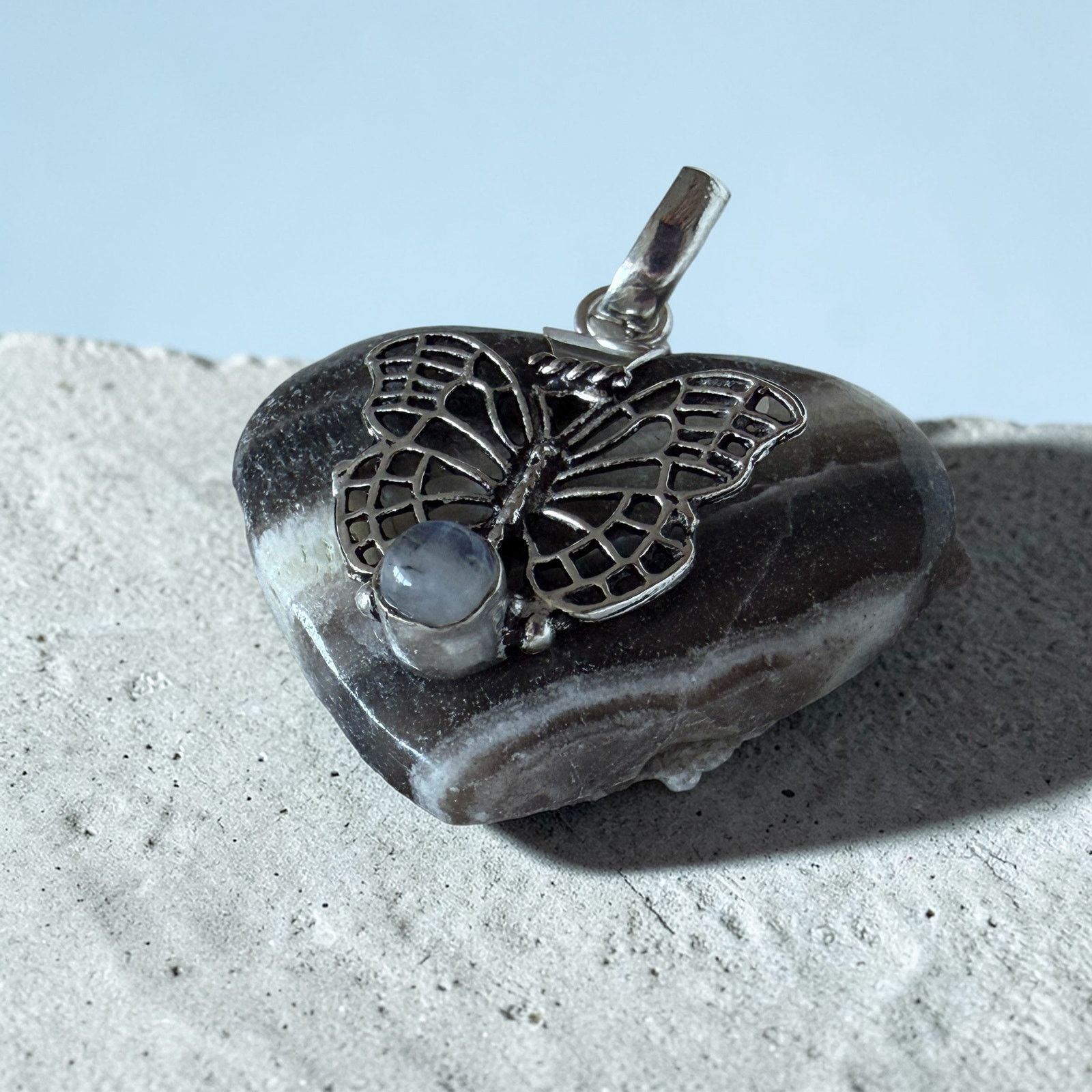 The Unbranded Brand Zebra Calcite & Moonstone Butterfly Heart Pendant Size ONE SIZE - 4 Thumbnail