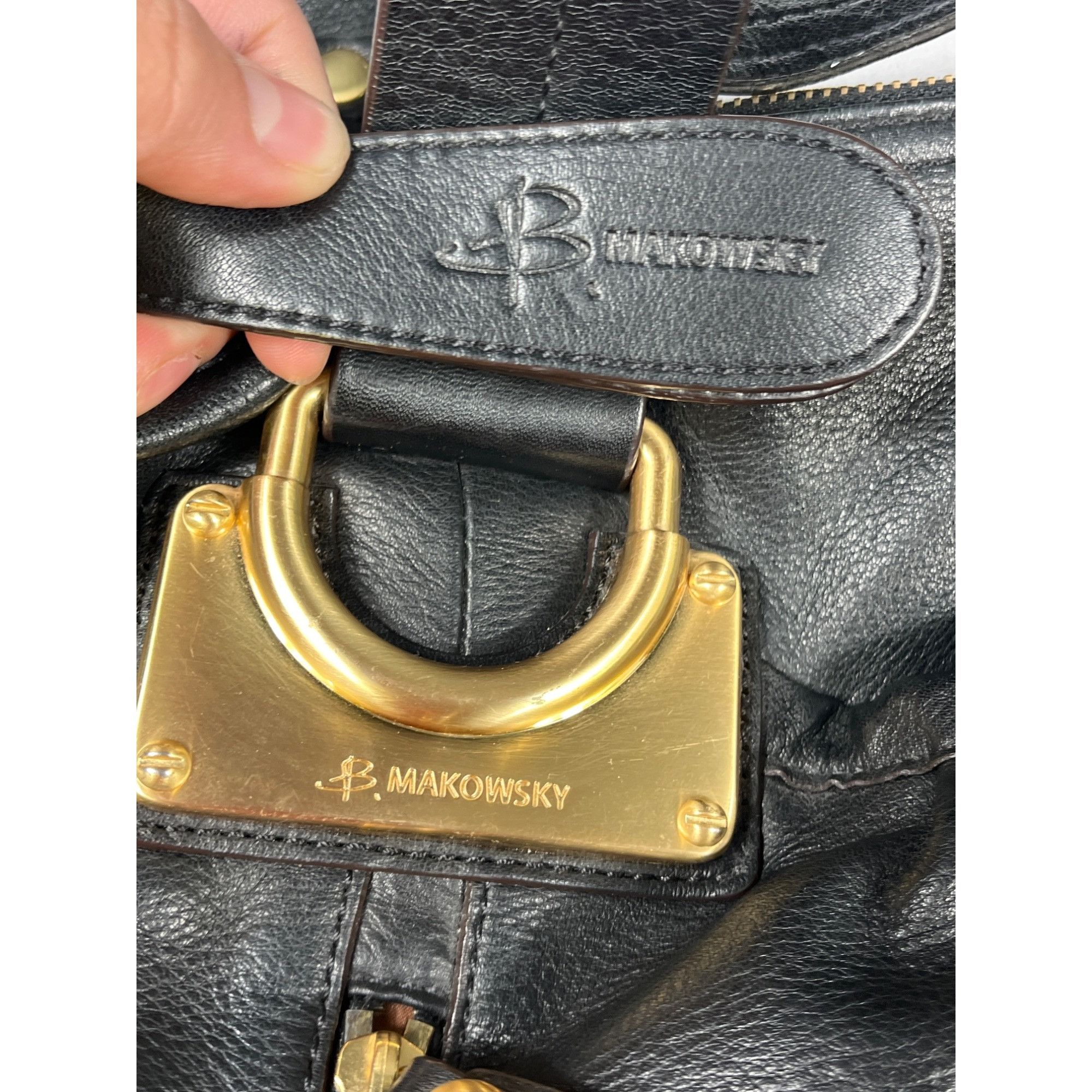 Designer B. Makowsky Womens Black Leather Handbag With Gold Tone Hard Size ONE SIZE - 14 Thumbnail