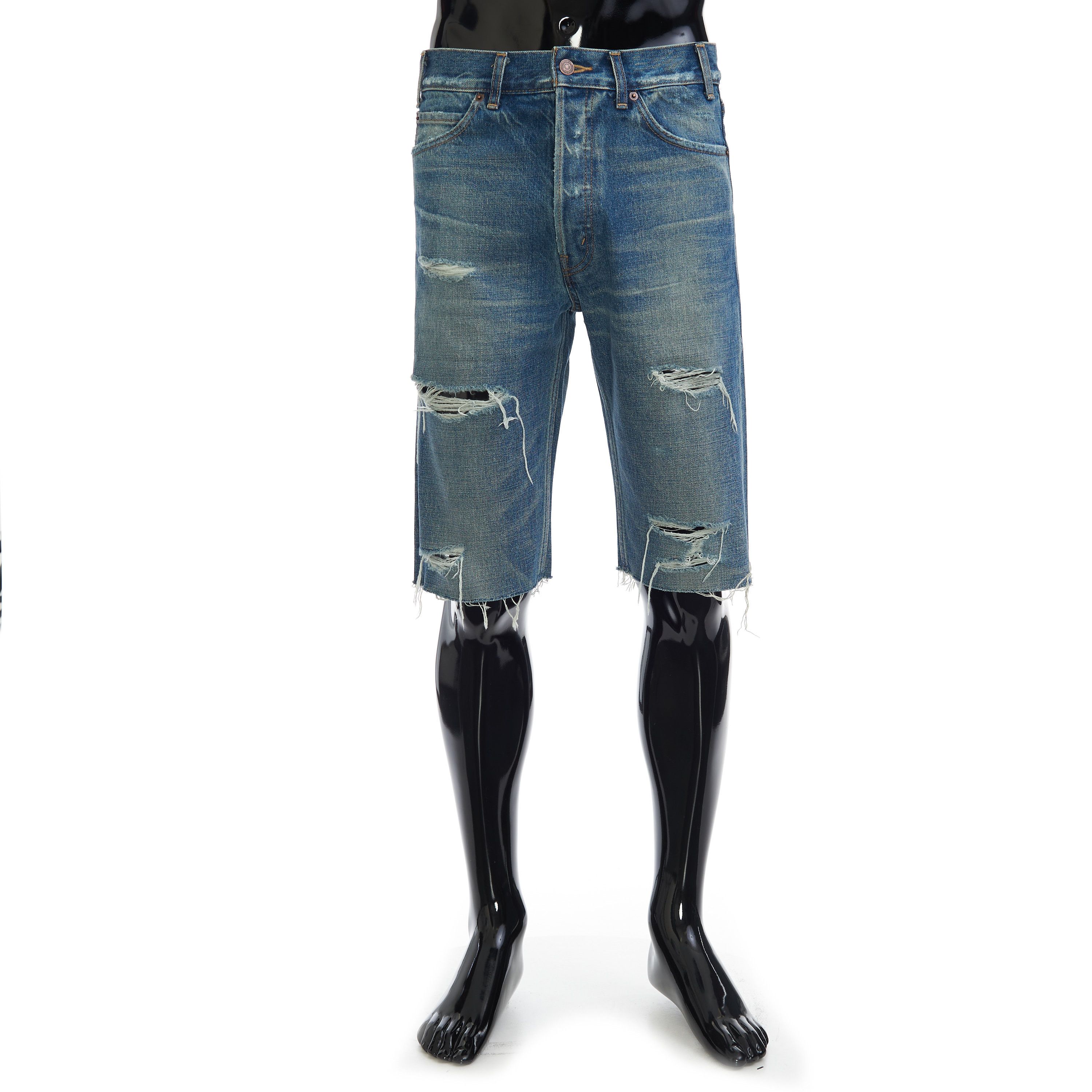 image of Celine Kurt Mid-Rise Shorts In Destroyed Thrash Wash Denim in Blue, Men's (Size 31)