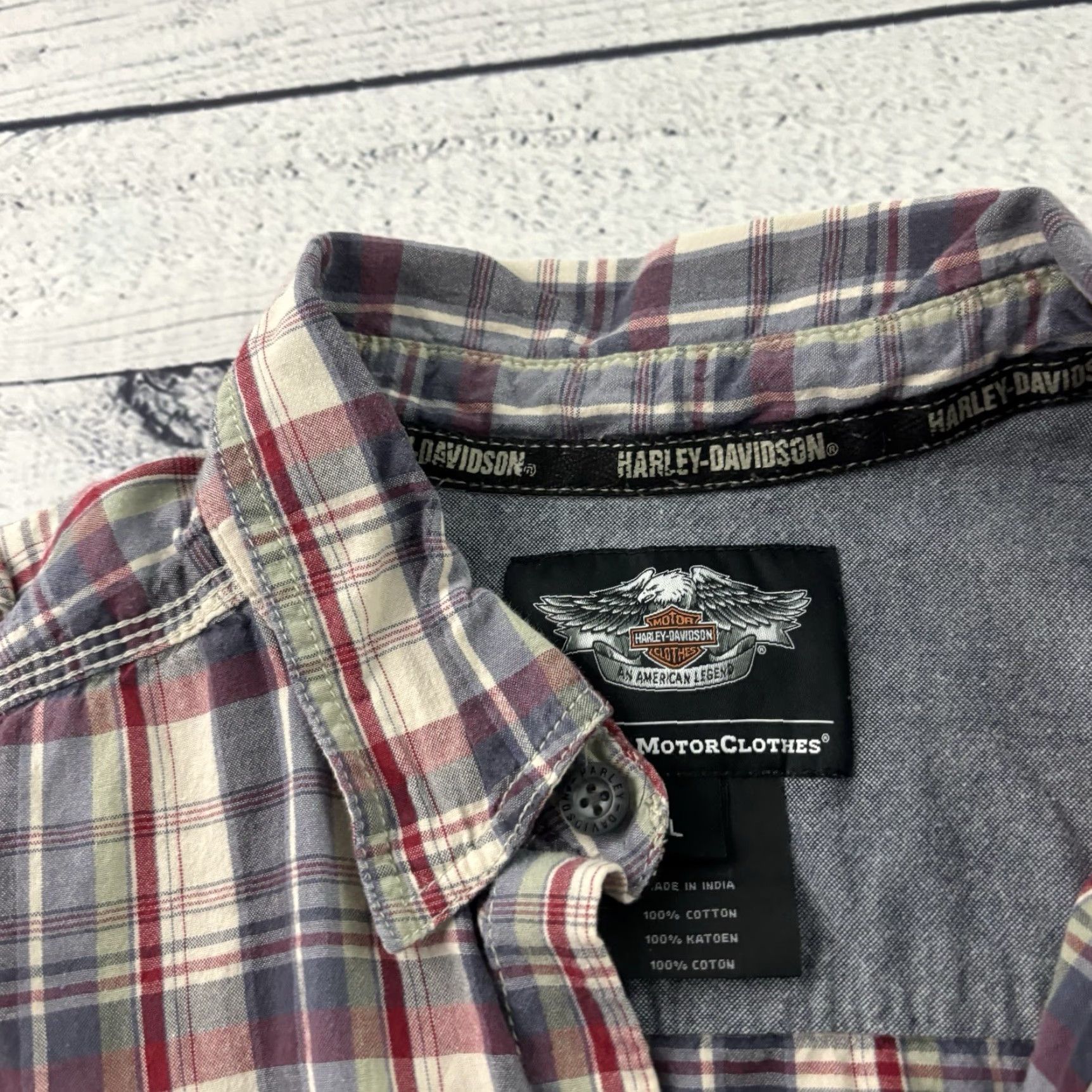 Harley Davidson Harley-Davidson Short Sleeve Plaid Button-Up Shirt Men's L Blue Tan Red Pattern Size US L / EU 52-54 / 3 - 2 Thumbnail