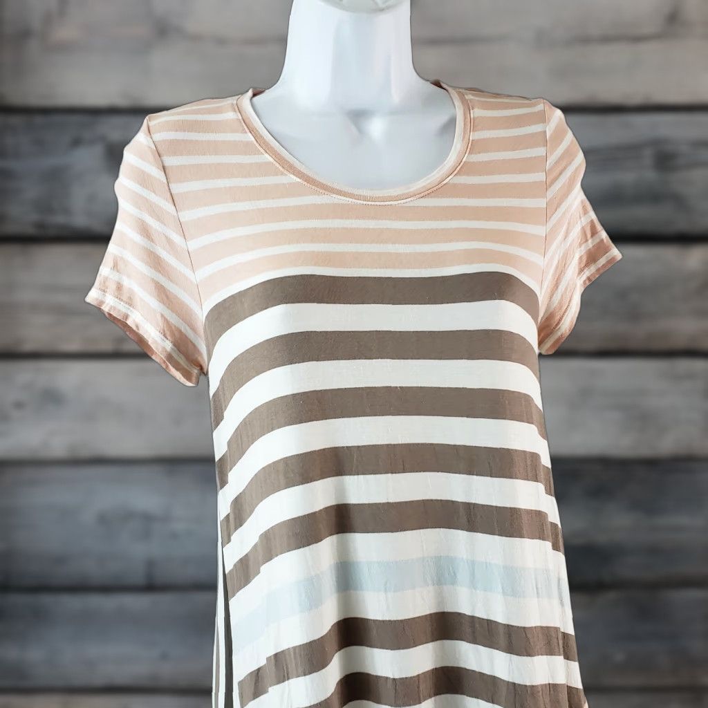 Pinko Little Yellow Button Womens Top Sz Small Pink Brown Striped Asymmetrical Hem Shirt Womens Small Pink Brown Striped Hem Size S / US 4 / IT 40 - 1 Thumbnail