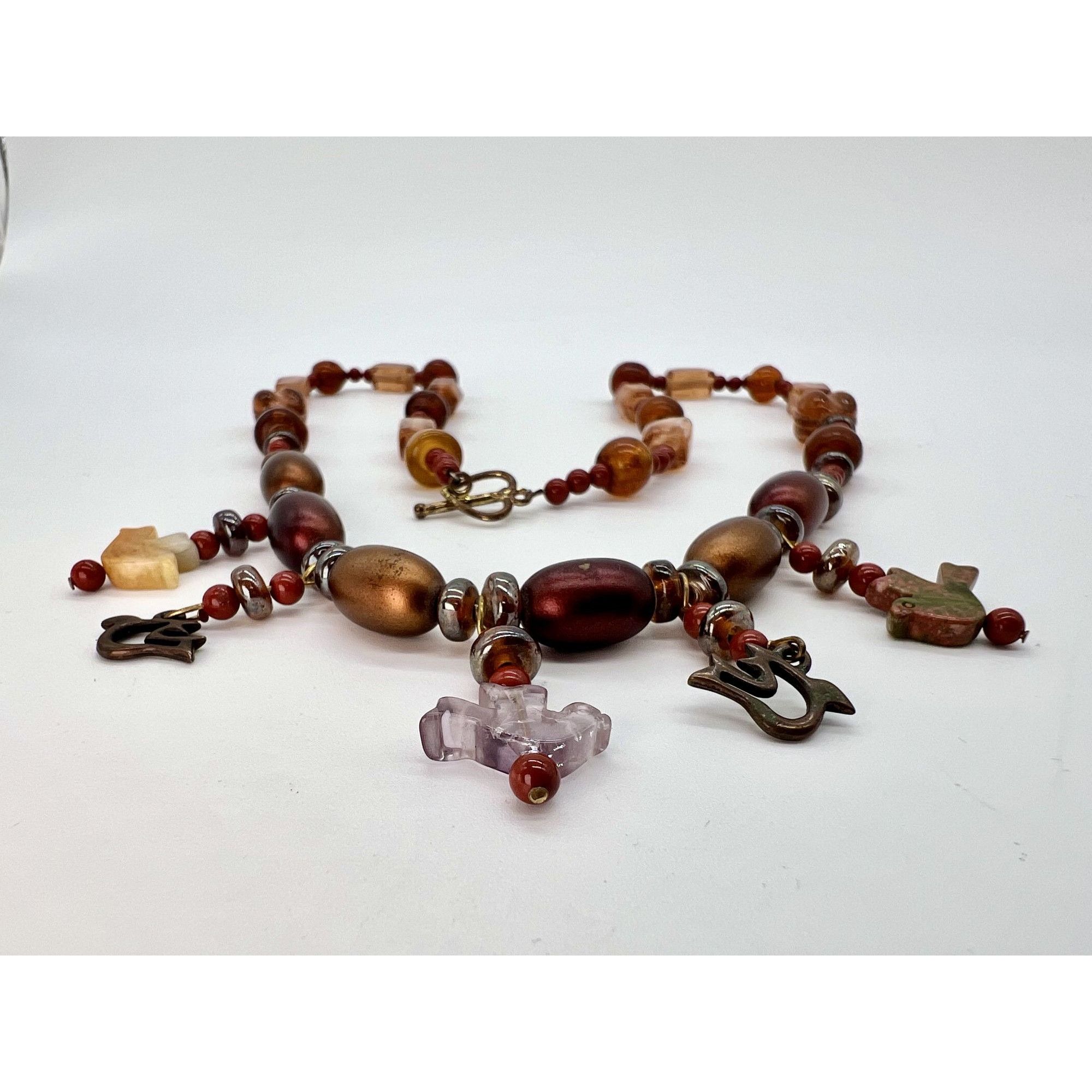 Vintage Vintage Bird Charm Necklace Mixed Beads Orange Copper Tone H Size ONE SIZE - 6 Thumbnail