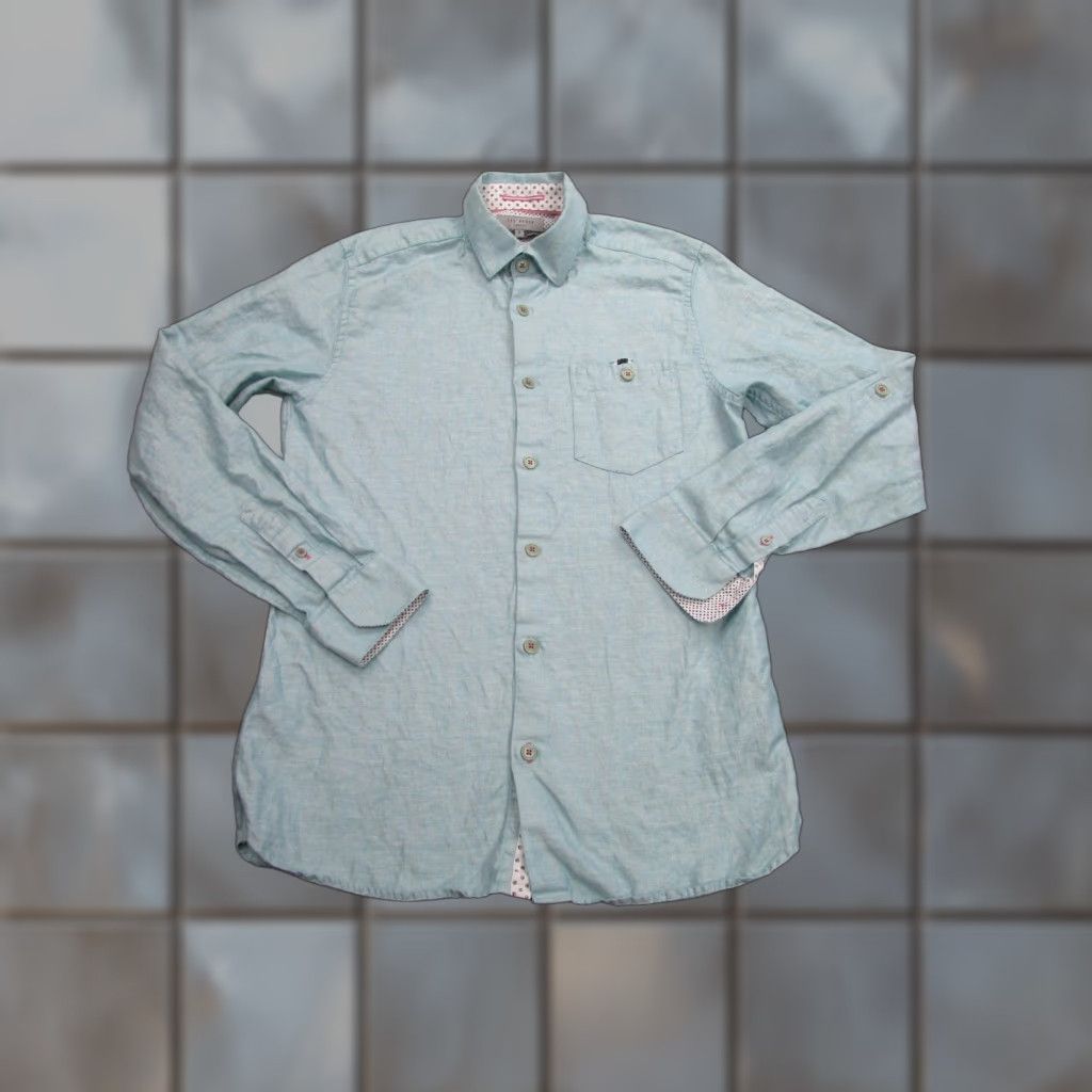 TED BAKER Men's Small Green Jaames Herringbone Long Sleeve Button-Up Shirt