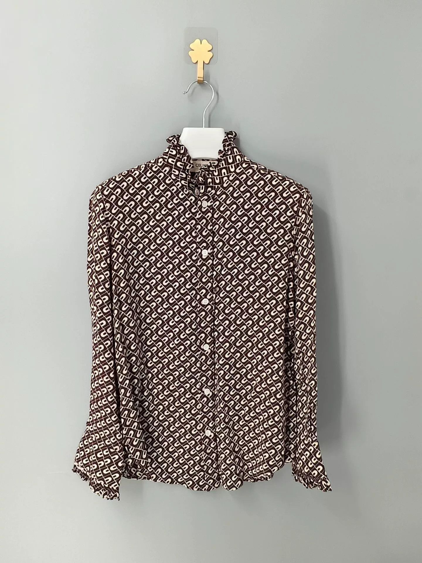 Celine Celine Black White Print Silk Ruffled Shirt Size XXS / US 00 / IT 34 - 1 Thumbnail