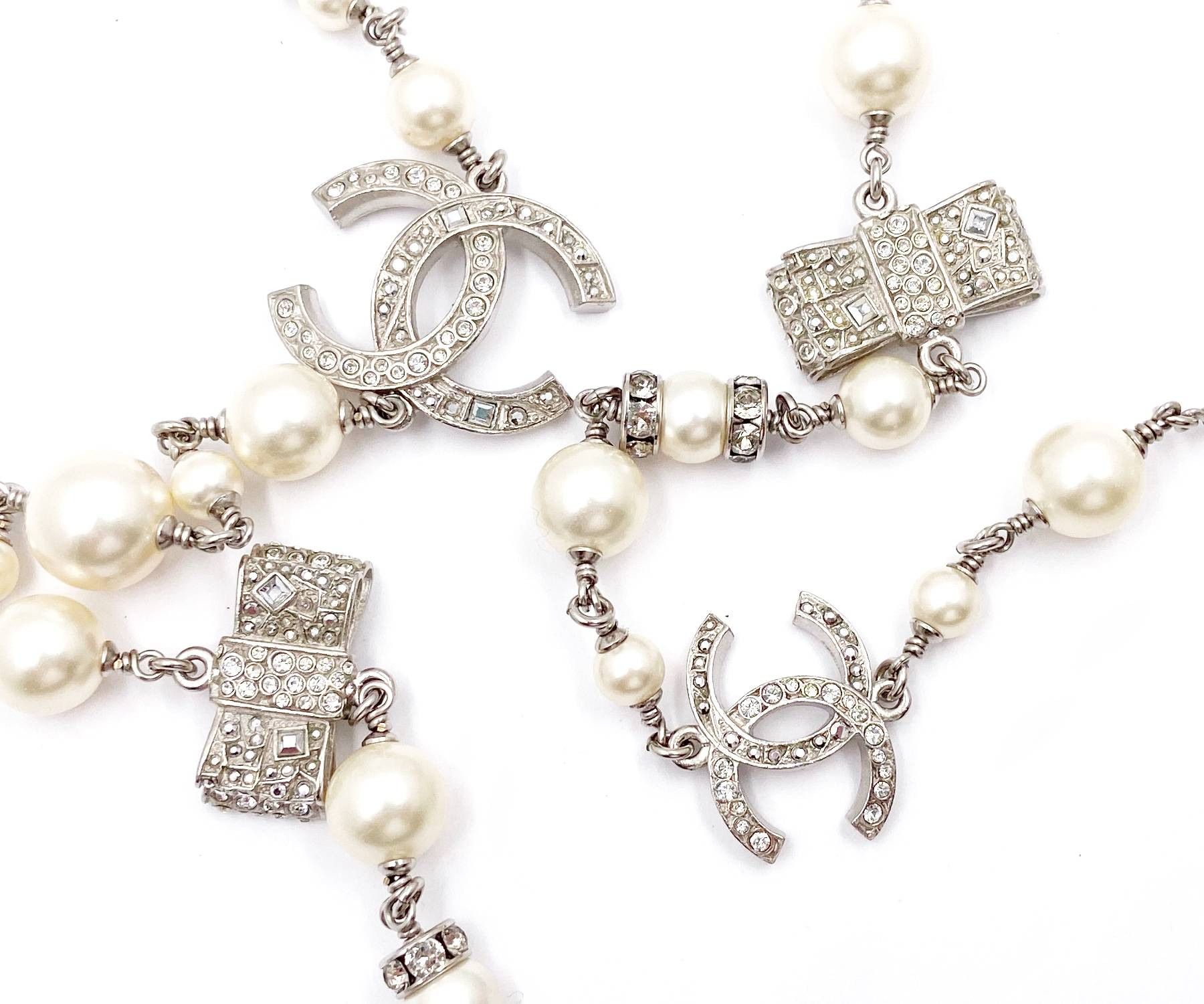 Chanel Chanel Silver CC Crystal Ribbon Bow Pearl Necklace Size ONE SIZE - 4 Thumbnail