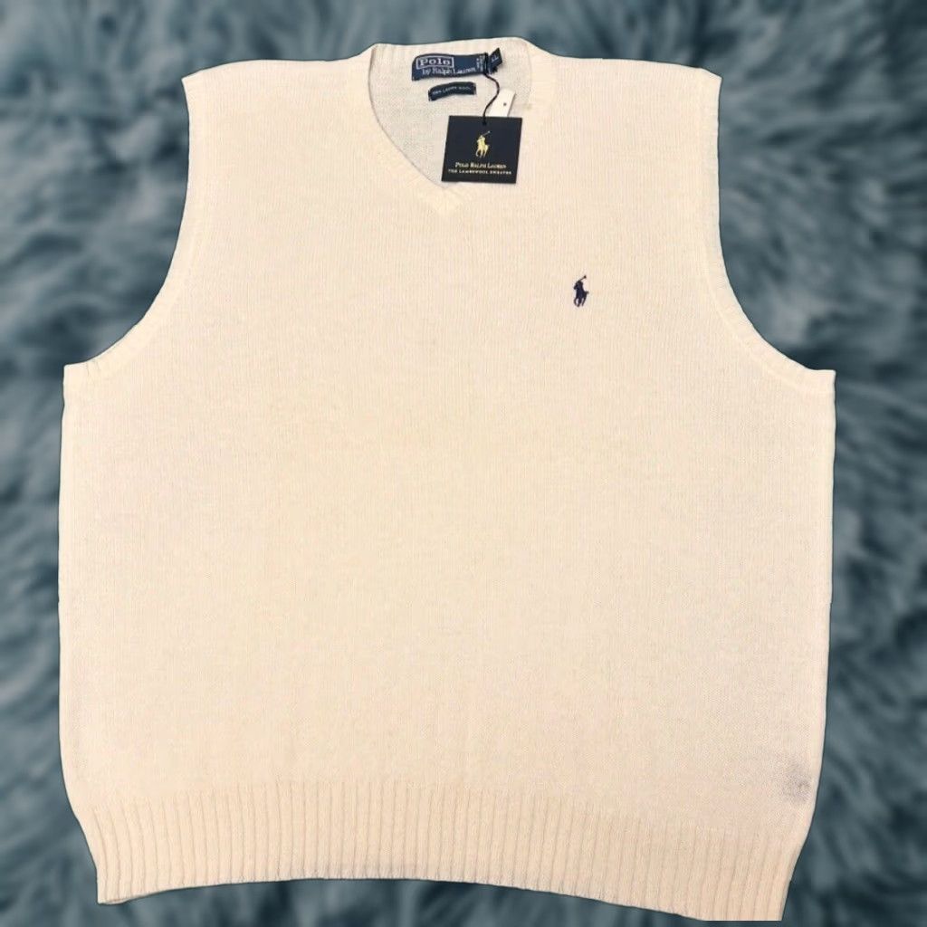 VINTAGE Polo Ralph Lauren Sweater Vest Mens XL Wool V-Neck White 90s Preppy With Tags