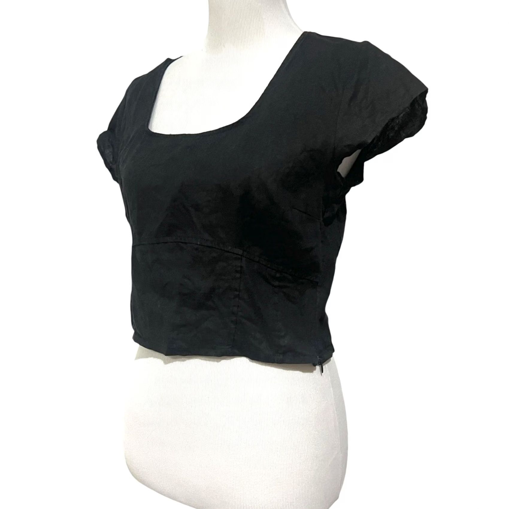 Vintage House of Harlow 1960 Blouse Women's Linen Top Black Square Neck Short Sleeve M Cropped Beach Classic Designer Womens Size M / US 6-8 / IT 42-44 - 3 Thumbnail