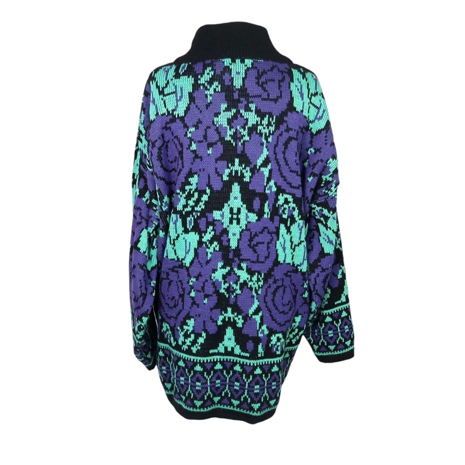 Vintage VINTAGE Michael Carrie Floral Tunic Sweater L Womens Long Sleeve Mock Neck Knit 80s Fall Winter - Black Purple Green Size L / US 10 / IT 46 - 4 Thumbnail