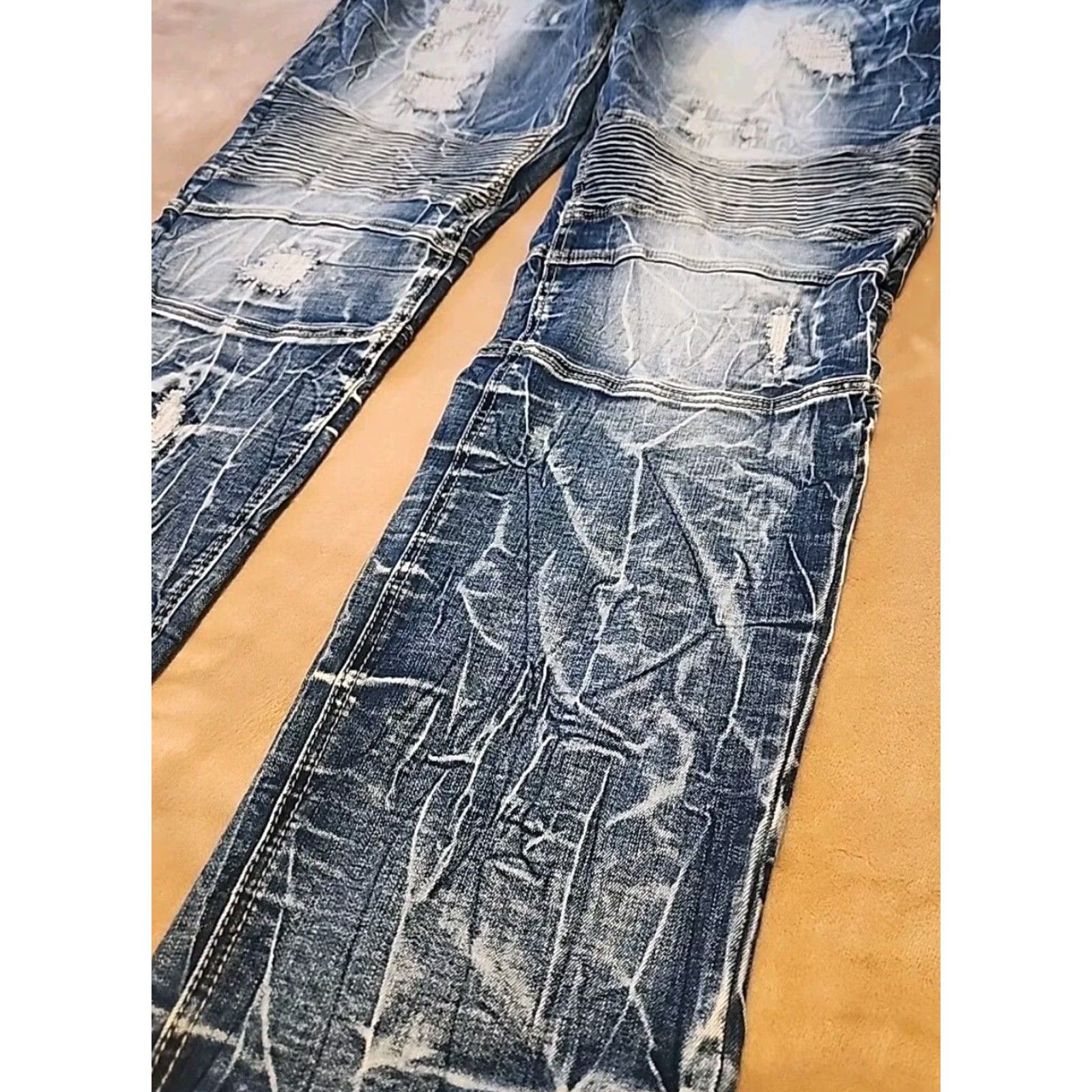 MAKOBI Skinny Jeans Men 42x32 Blue Biker Distressed Slim Fit Denim