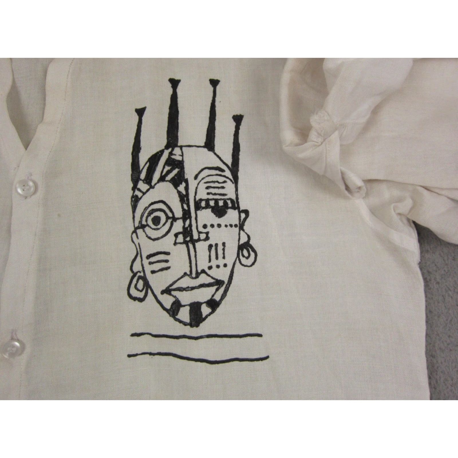 CO VINTAGE Metroman Shirt Mens S White Abstract Face Print Art Linen Ethnic Button-Up Long Sleeve Collared 70s Classic Shirt Mens Size US S / EU 44-46 / 1 - 3 Thumbnail