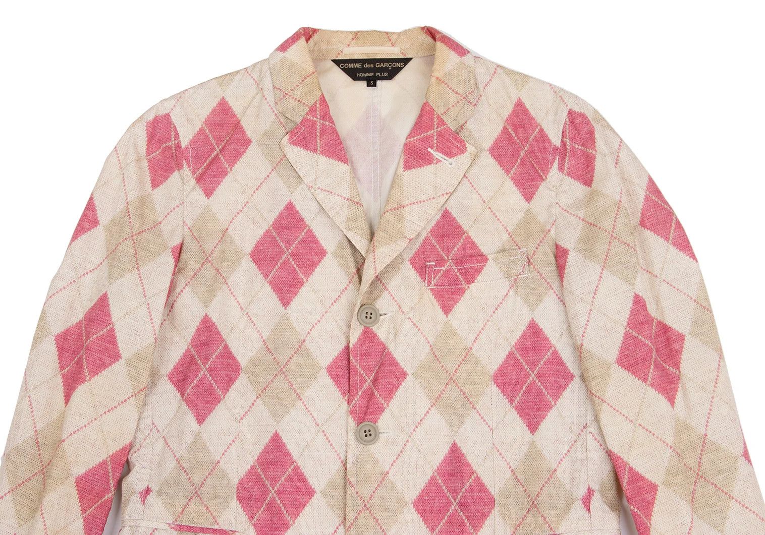 Comme des Garcons Homme Plus Cotton Argyle Knit Transfer Print Jacket Beige Pink S Size US S / EU 44-46 / 1 - 2 Thumbnail