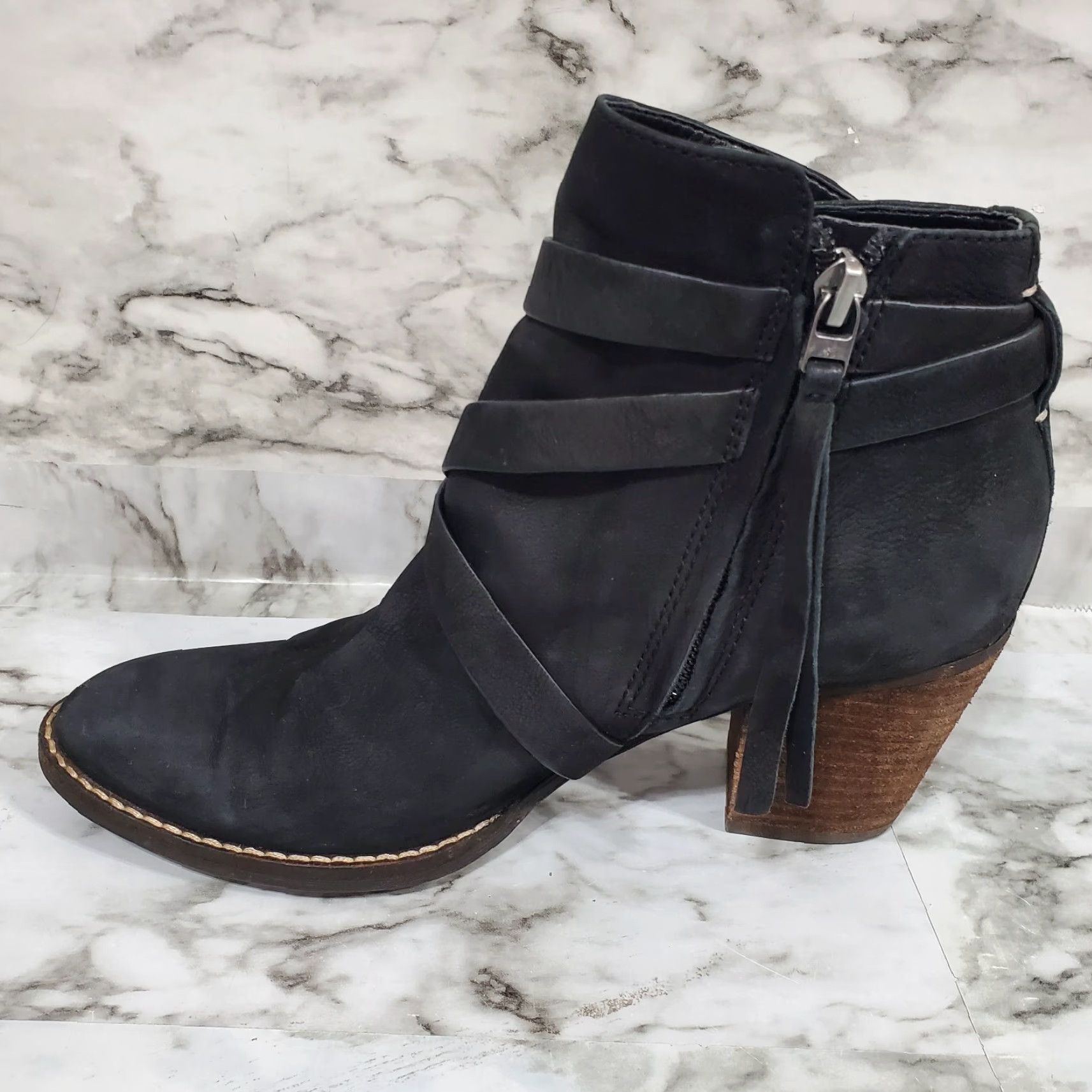 Sam Edelman Sam Edelman Bootie Women 7.5M Black Ankle Boot Merton Leather Almond Toe Strappy Shoe Womens Mid Heel Zip Block Size US 7.5 / IT 37.5 - 4 Thumbnail