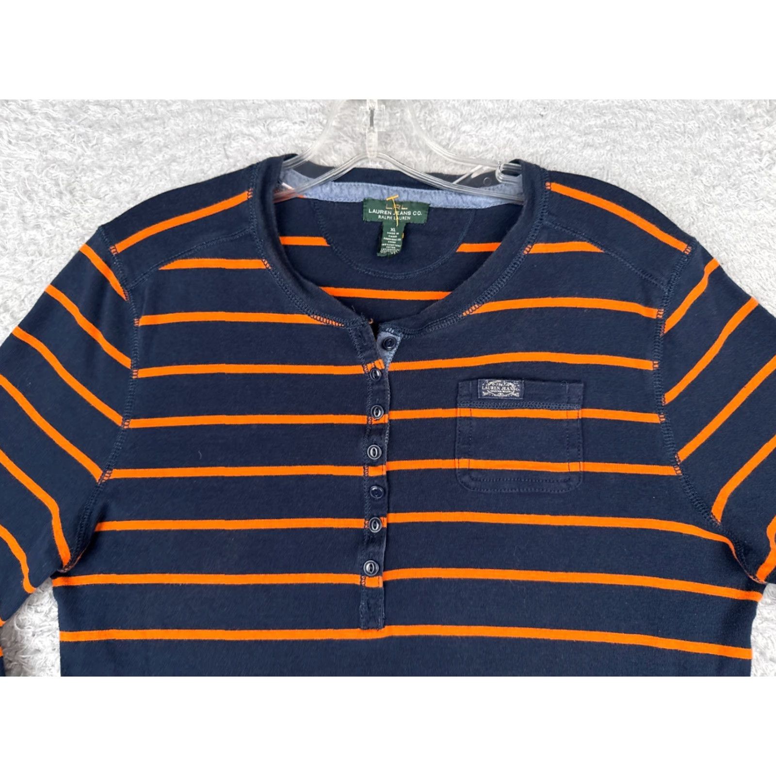 CO Lauren Jeans Co Shirt Women XL Blue Orange Stripe 3/4 Sleeve Cotton Henley Casual Striped Womens Size XL / US 12-14 / IT 48-50 - 4 Thumbnail