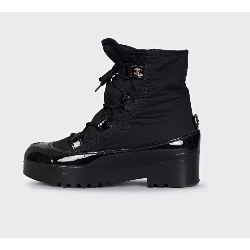 Chanel Chanel Black Lace-Up Textile Rubber Boots Size 38 Size US 7 / IT 37 - 1 Thumbnail