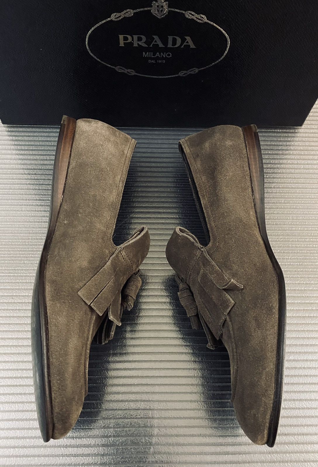 Prada Prada 🇮🇹 Grafite Suede Tasseled Kilt Slip On Loafer 8 NEW Size US 8 / EU 41 - 7 Thumbnail