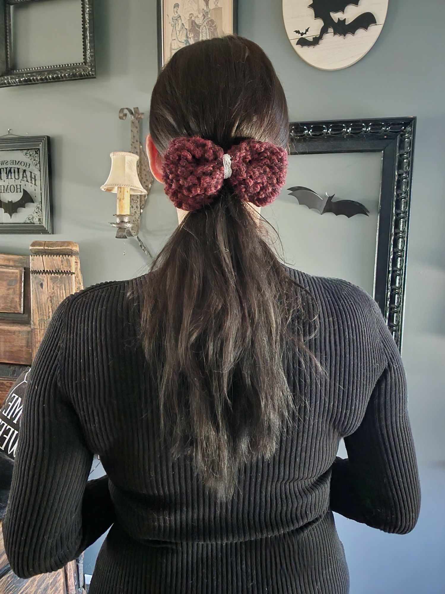 Handmade Knit Hair Bow, Handknitted Burgundy Ponytail Holder or Hair Size ONE SIZE - 1 Thumbnail