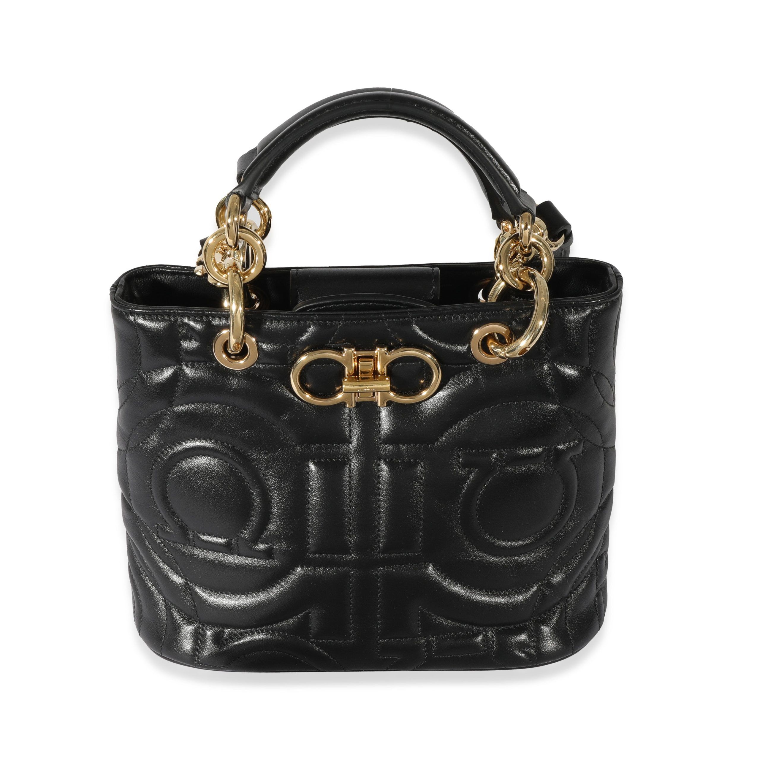 image of Salvatore Ferragamo Black Leather Gancini Mini Chain Tote, Women's