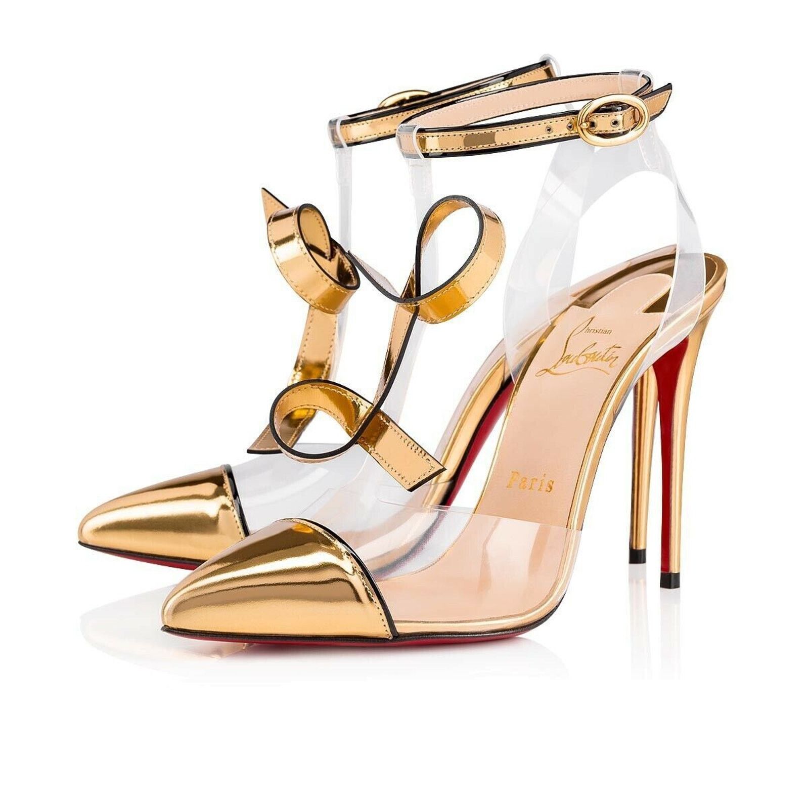 Christian Louboutin Alta Firma 100 Gold PVC T Strap Ankle Heel Sandal Pump 35 Size US 5 / IT 35 - 1 Thumbnail