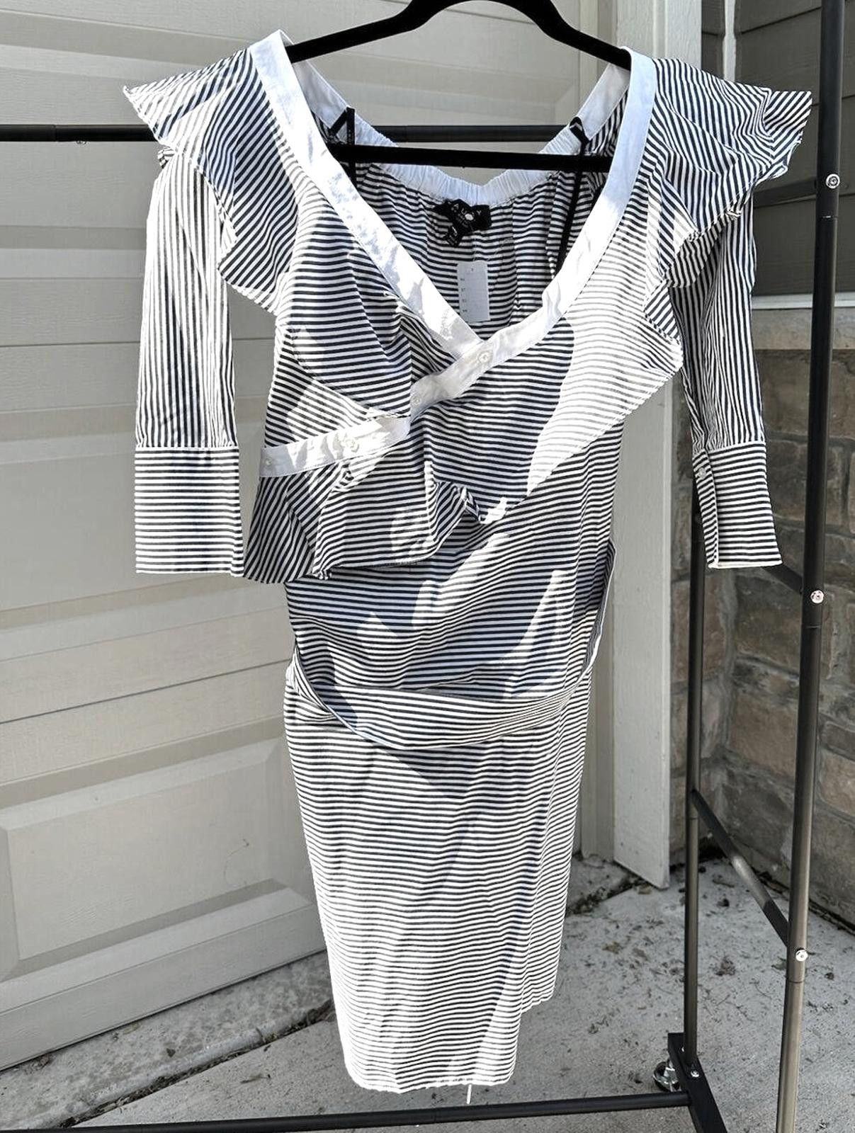 Designer Off-Shoulder Striped Ruffle Dress By Laundry size 12 Size XL / US 12-14 / IT 48-50 - 2 Thumbnail