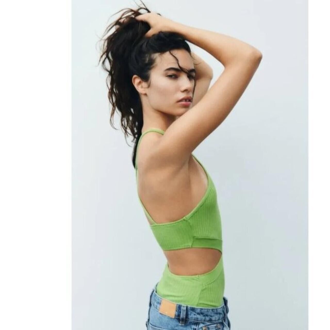 Zara Zara Rib Cutout Y2K Halter Bodysuit Green ( S ) Size S / US 4 / IT 40 - 2 Thumbnail