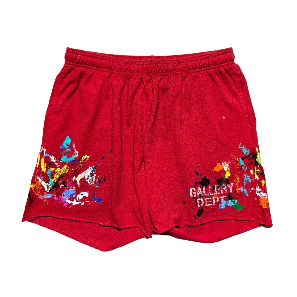 image of Gallery Dept Adjustable Waist Paint Splatter Drawstring Shorts in Red, Men's (Size 32)