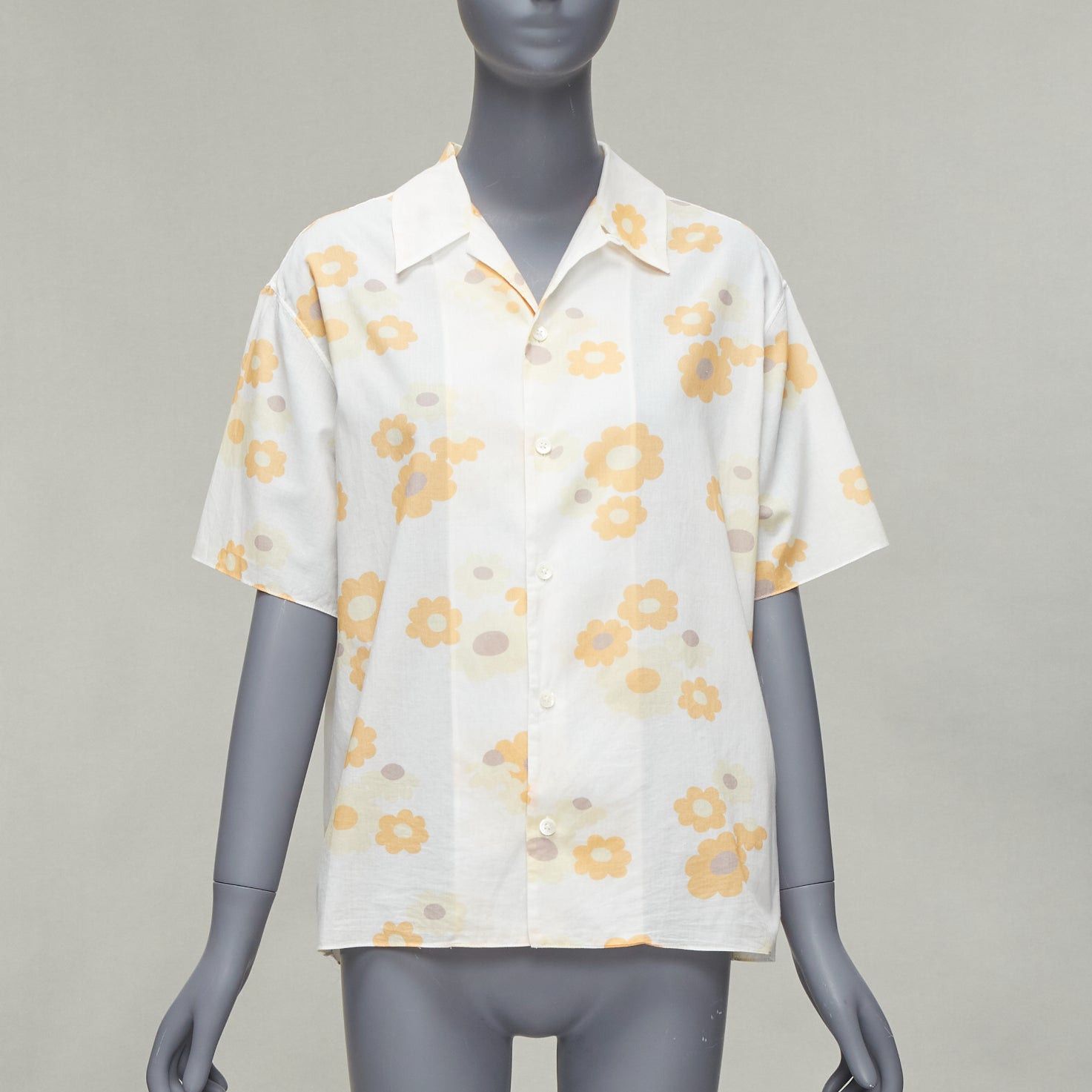 image of Marni White Yellow Cotton Vintage Floral Print Short Sleeve Boxy Shirt It38 Xs, Women's