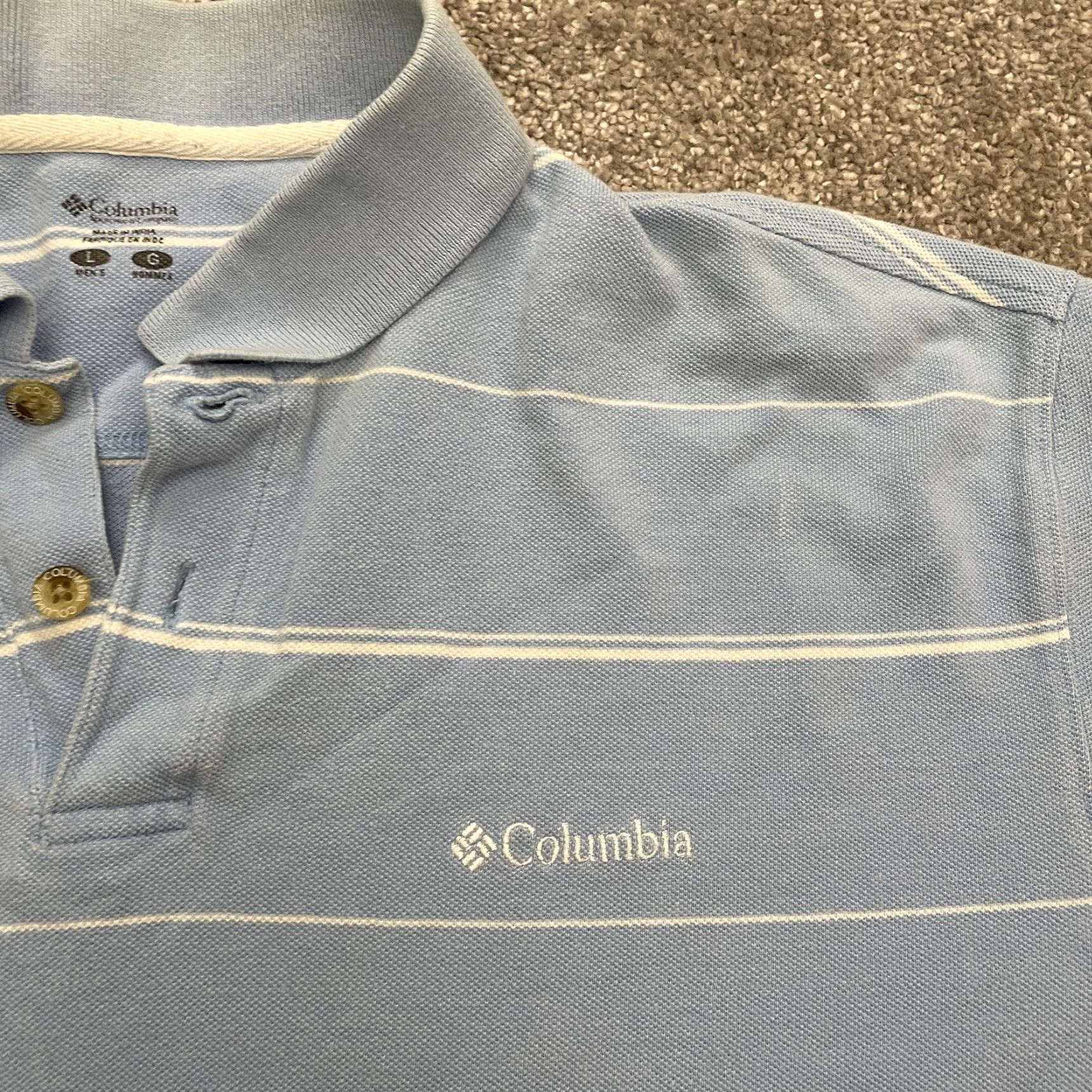 Vintage Columbia Polo Shirt Mens Large Blue White Striped Short Sleeve Outdoor Fishing Brand Polo Shirt L Reg, Blue, 46 Chest, All Seasons, Cotton Blend, Mens Size US L / EU 52-54 / 3 - 4 Thumbnail