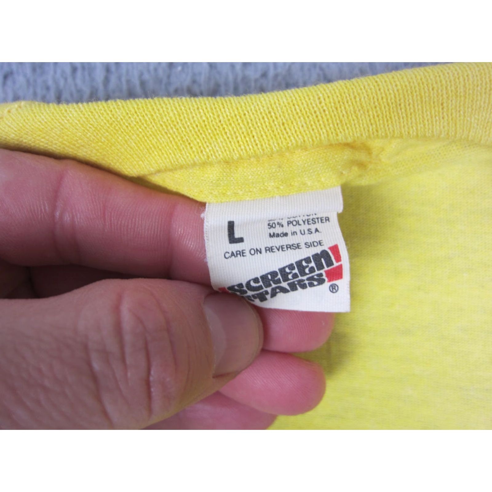 Vintage VINTAGE Screen Star Baseball Shirt Mens L Yellow 80s Made in USA Field Logo Short Sleeve Crew Neck Cotton Polyester Knit 2-3 Day Ships Mens Size US L / EU 52-54 / 3 - 5 Thumbnail