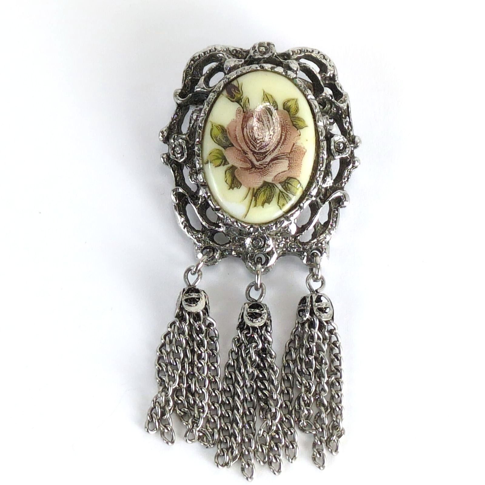 Vintage Vintage Victorian Revival Rose Cameo Brooch Pin with Tassels Size ONE SIZE - 1 Thumbnail