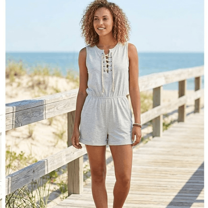 Fashion Nova Fashion Nova Size L Romper Grey Jersey Stretchy Tie Lace Up Size 34" / US 12 / IT 48 - 3 Thumbnail