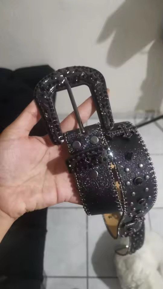 Japanese Brand Black Cross Rivet 115 cm Belt Engraved Buckle Rhinestone Size ONE SIZE - 6 Thumbnail