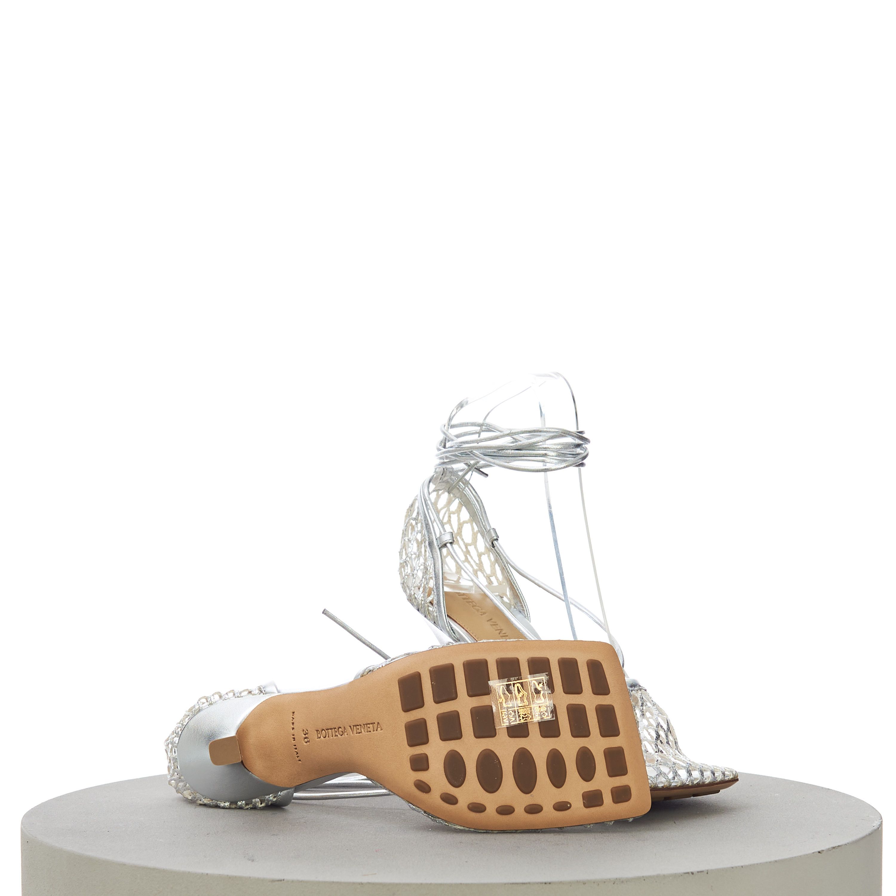 Bottega Veneta Women's Stretch Sandals In Silver Metallized Mesh & Leather Size US 7.5 / IT 37.5 - 10 Thumbnail