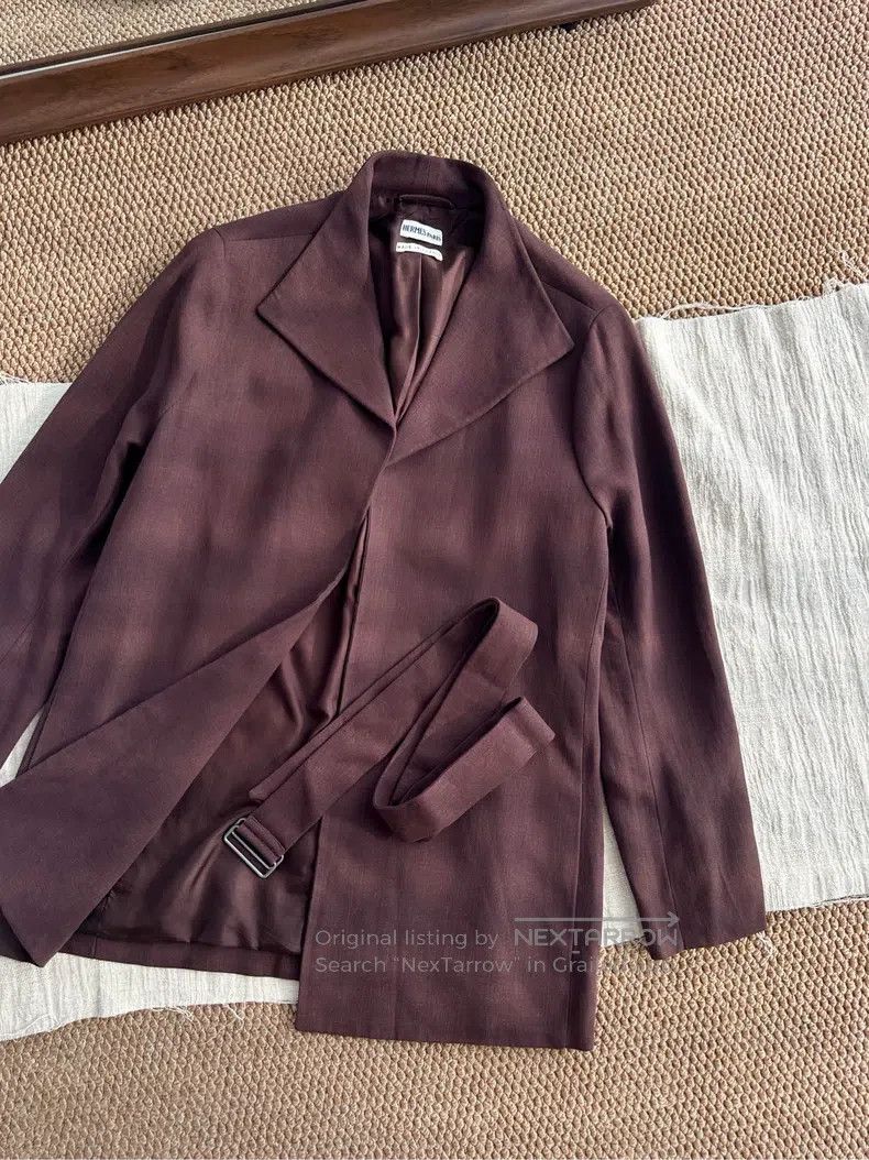 Hermes Linen casual outerwear mid-length jacket, red brown