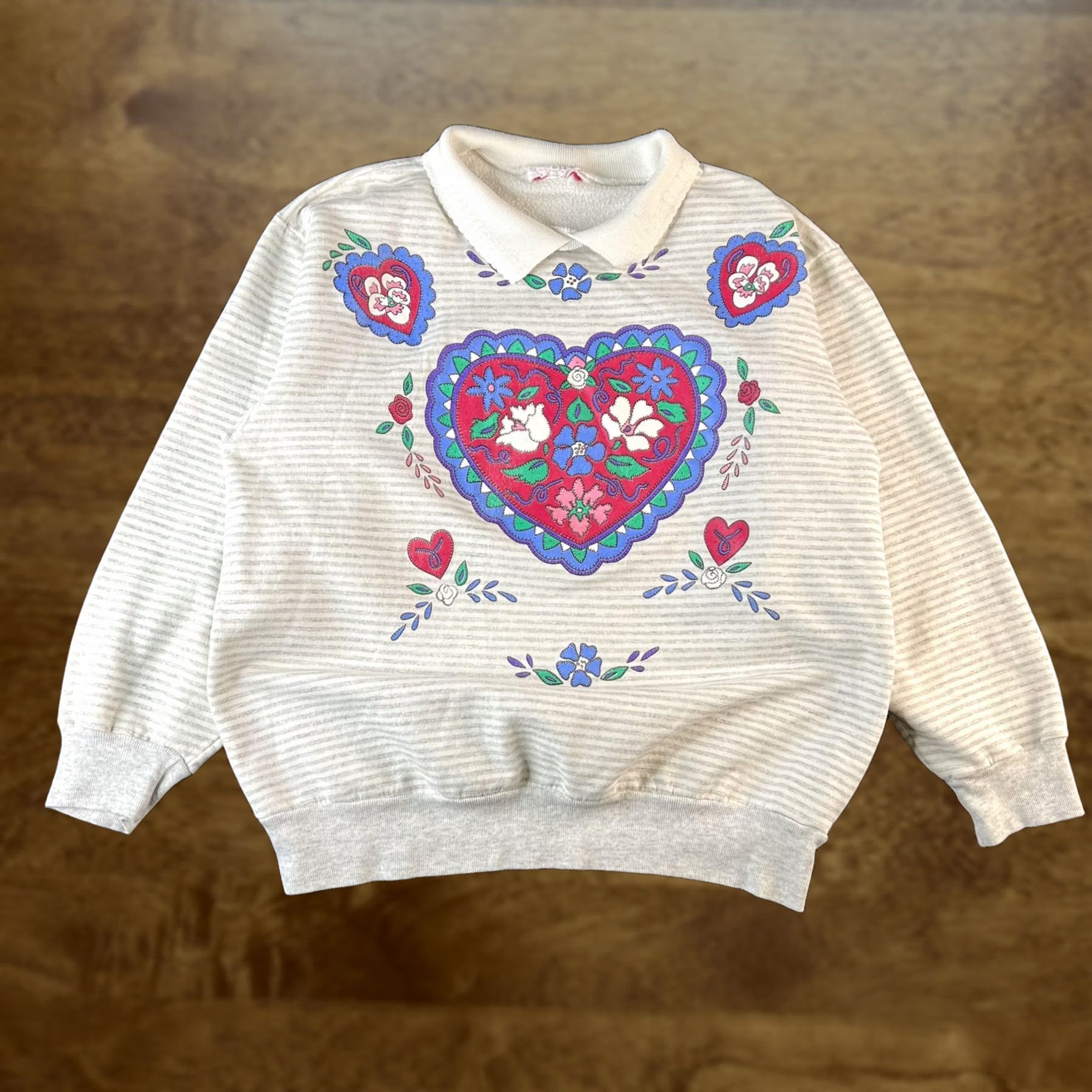 Vintage Heart Floral Sweatshirt Women M White Striped Collared Pullover Cute Graphic Print, Cozy Pullover, Valentine Theme Size M / US 6-8 / IT 42-44 - 1 Thumbnail
