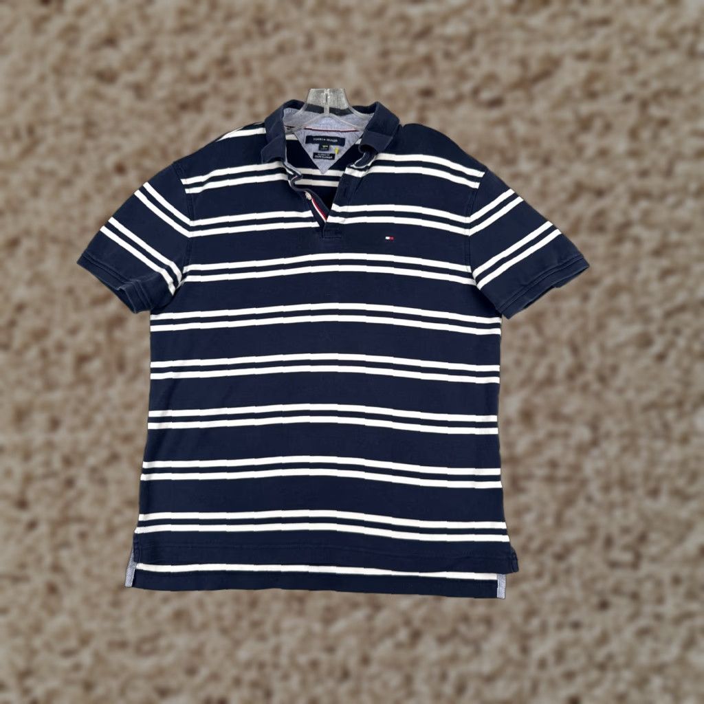Tommy Hilfiger VINTAGE Tommy Hilfiger Polo Shirt Adult Medium Blue White Stripe 100% Cotton Knit Shirt Mens Polo Stripe 100% Cotton Size US M / EU 48-50 / 2 - 1 Thumbnail