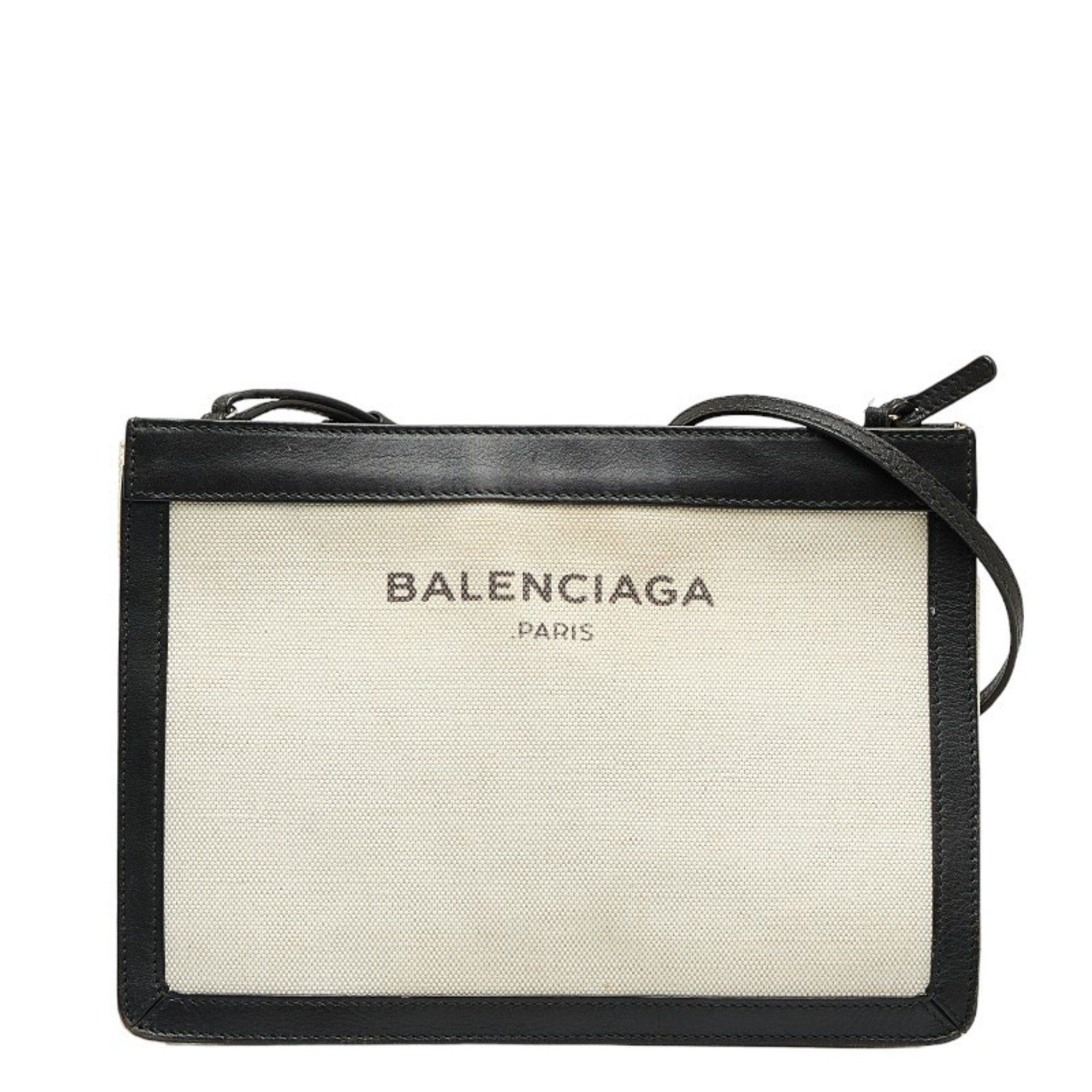 image of Balenciaga Navy Pochette Shoulder Bag 339937 White Black Canvas Leather Women's