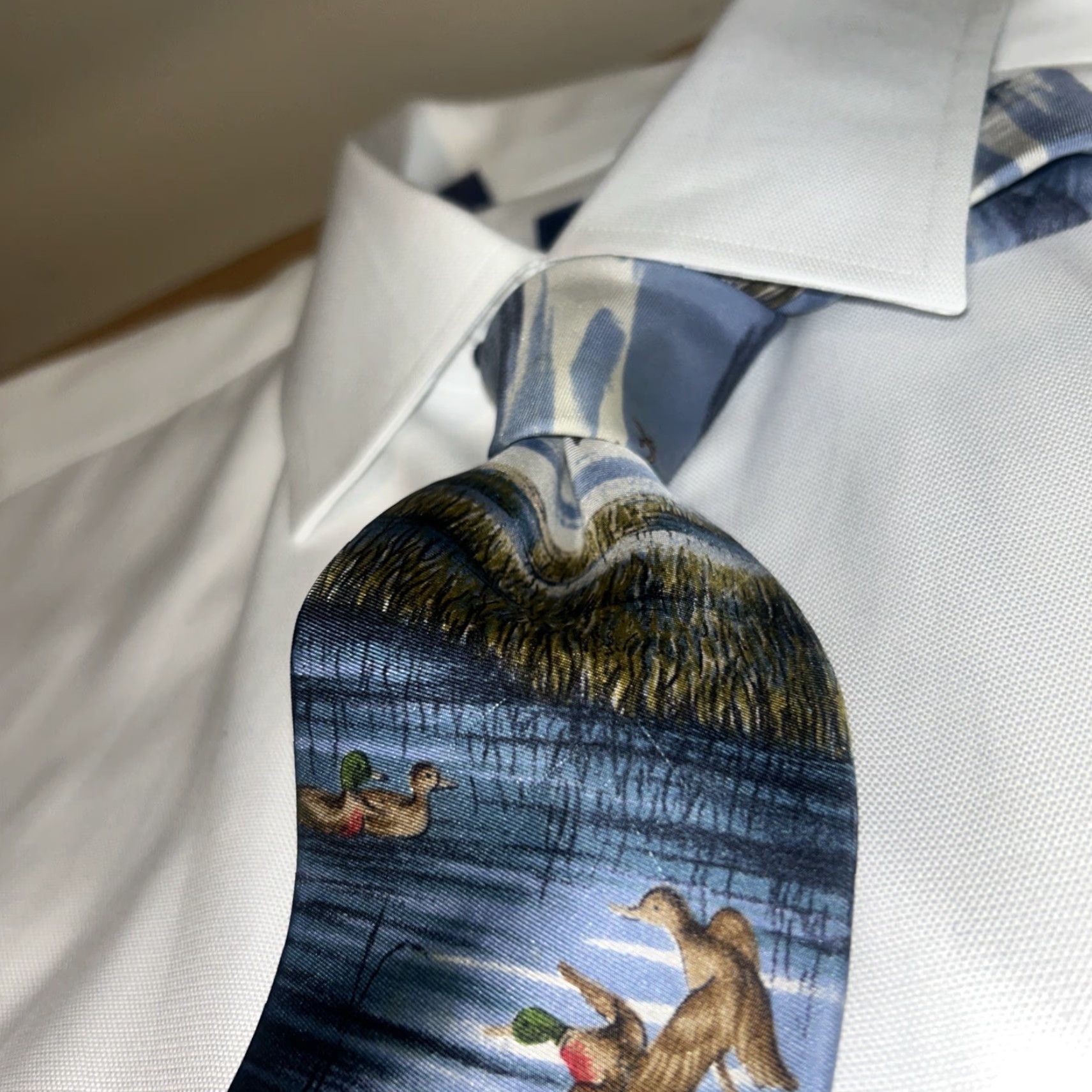 Lands' End Lands' End Silk Necktie Ducks Hunting Scene Hand Sewn Made In USA Men's Tie Blue 57"-60" Silk Woven Hunter Duck Handmade Tie Mens Size ONE SIZE - 3 Thumbnail