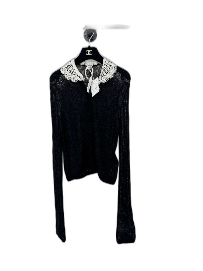 Saint Laurent Paris Saint Laurent Black Wool Cardigan with Lace Collar-2506 Size L / US 10 / IT 46 - 1 Thumbnail