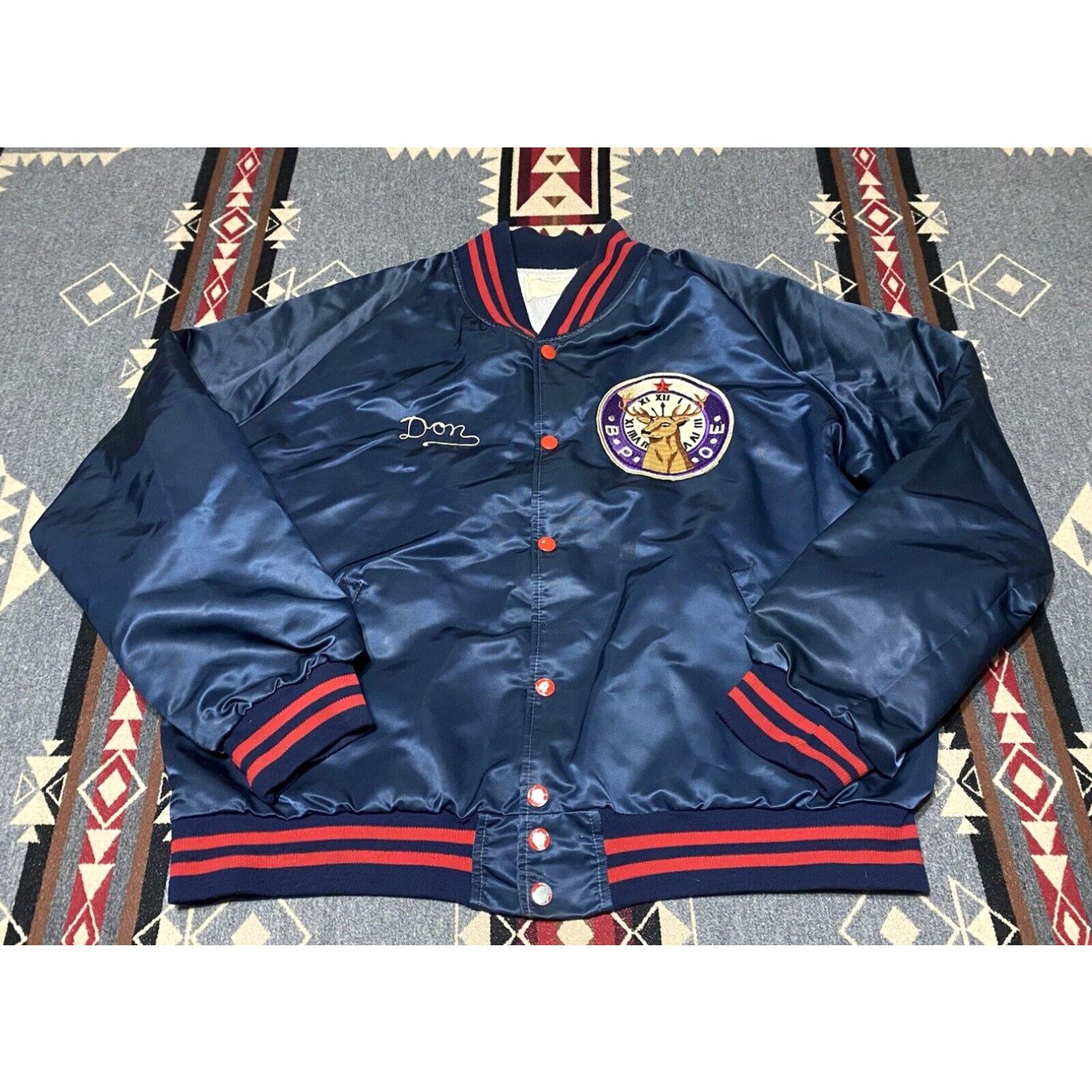 image of Vintage VTG 70's Union Elks Lodge Nylon Quilted Jacket Size L “Don” Stitched Donald Br in White