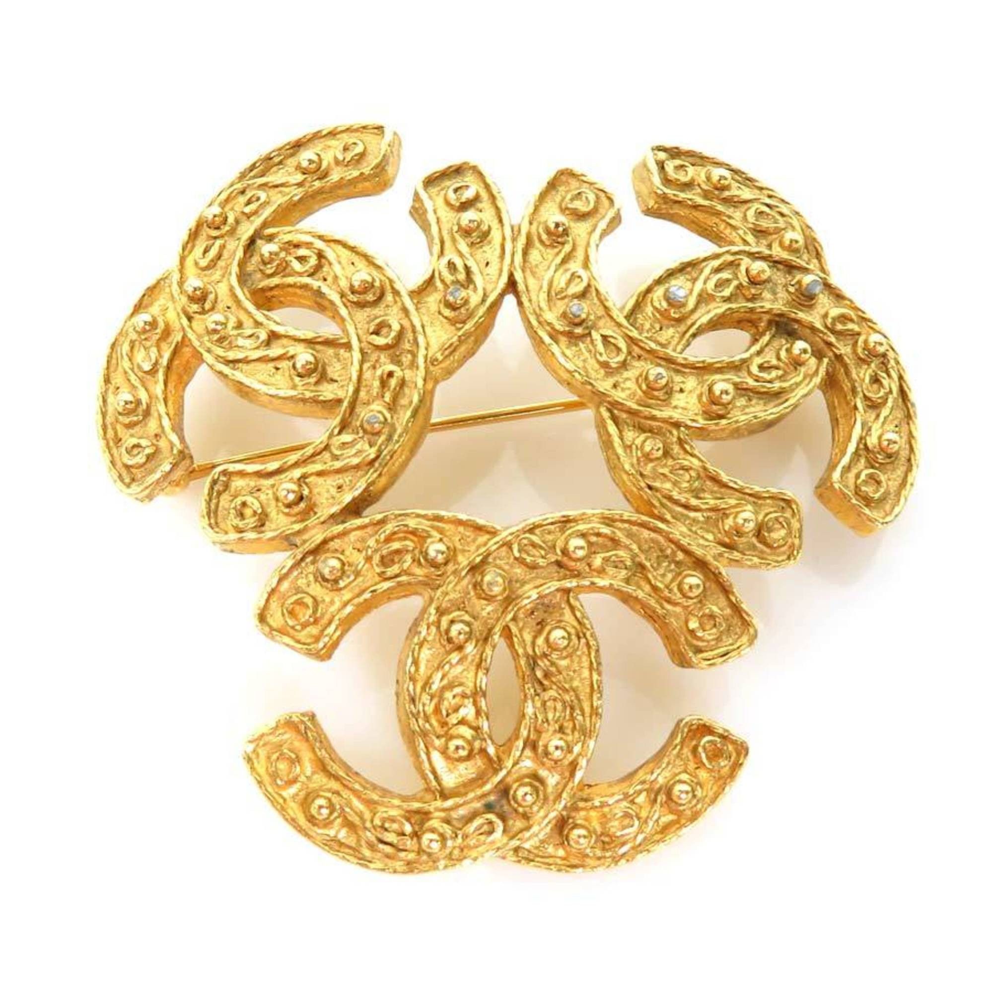 Authenticated Used CHANEL brooch pin here mark rhinestone gold 