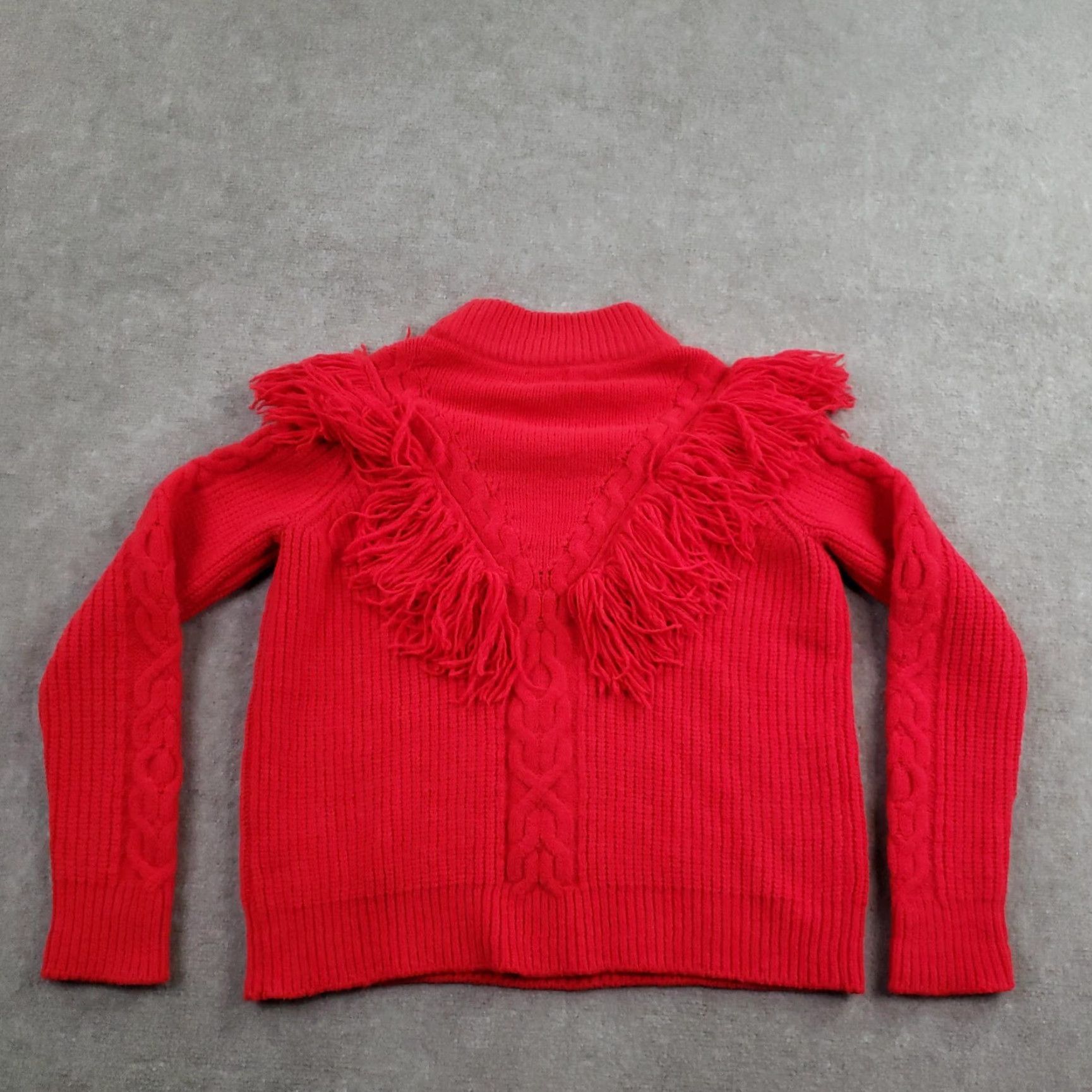 Vintage Tuckernuck Sweater Womens Medium Red Fringe Mock Neck Cable Knit Chunky Pullover Size M / US 6-8 / IT 42-44 - 7 Thumbnail