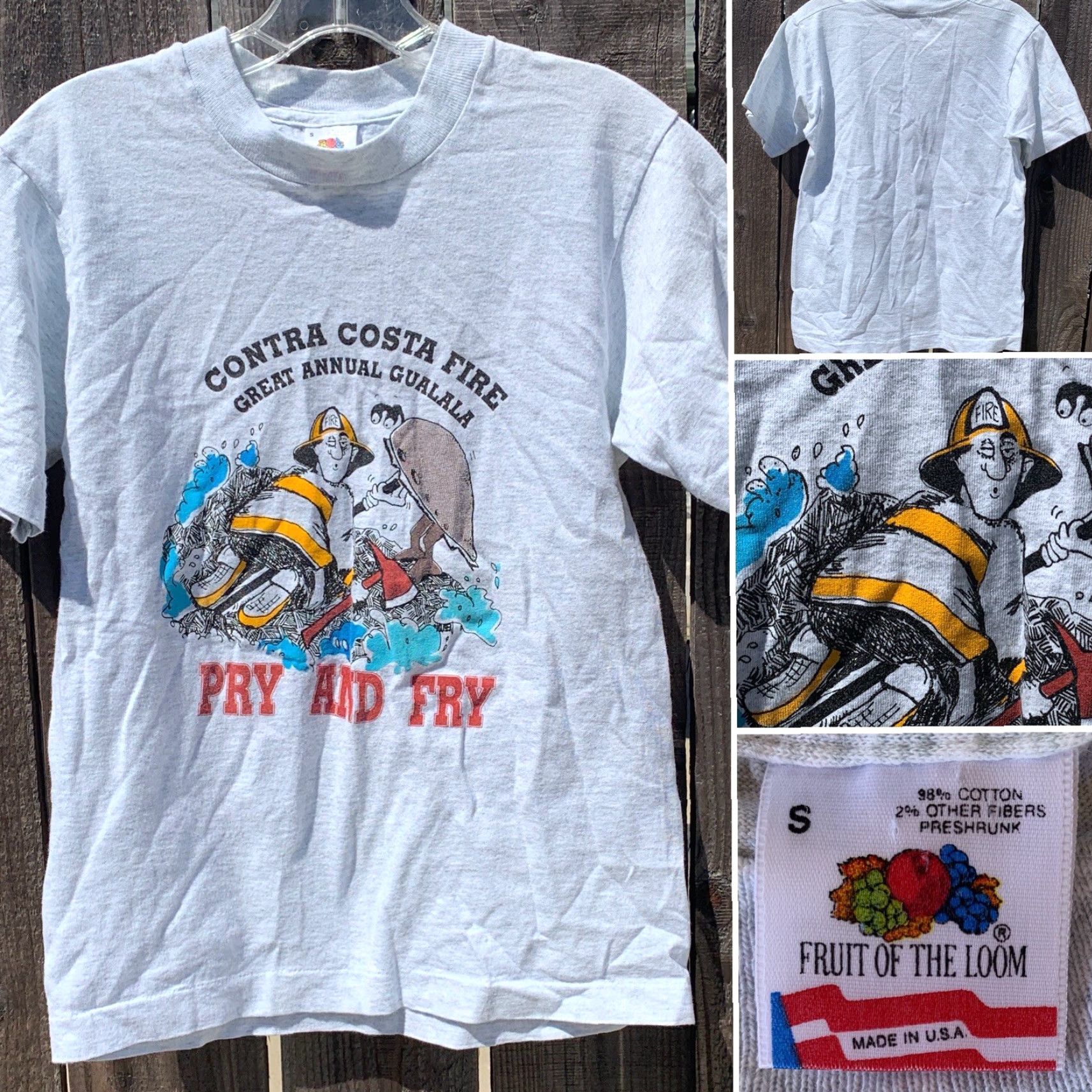 Fruit Of The Loom VINTAGE Fruit of the Loom T Shirt Contra Costa Fire Great Annual Gualala Pry And Fry 1990s S Gray Mens Size US S / EU 44-46 / 1 - 3 Thumbnail