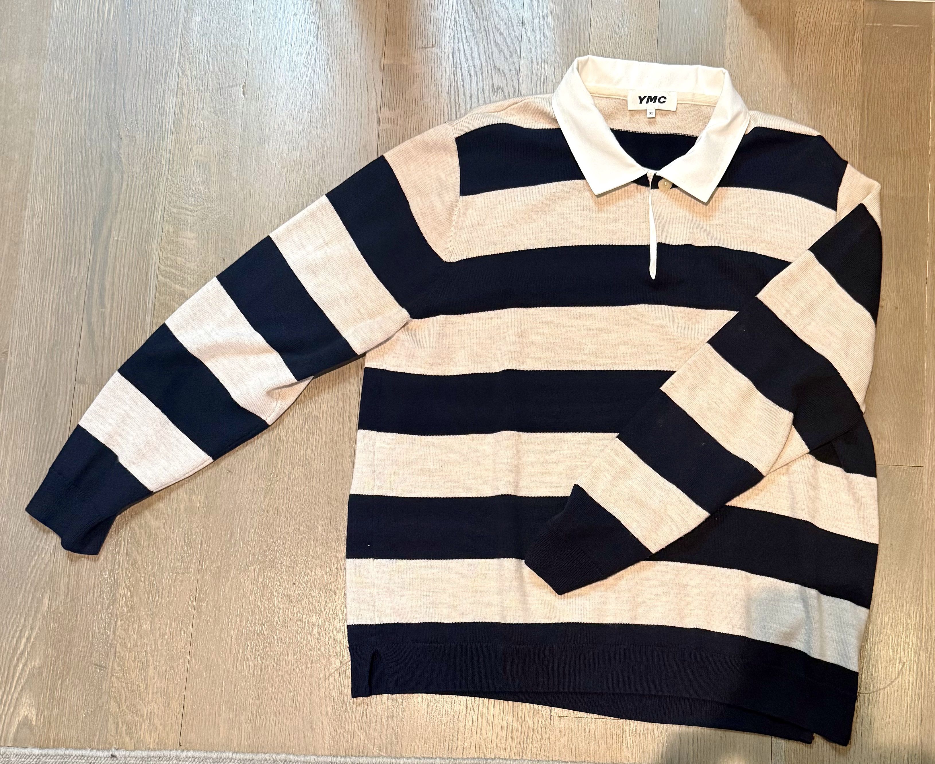 YMC Striped Merino Wool Rugby Shirt Blue/Cream XL Size US XL / EU 56 / 4 - 1 Thumbnail