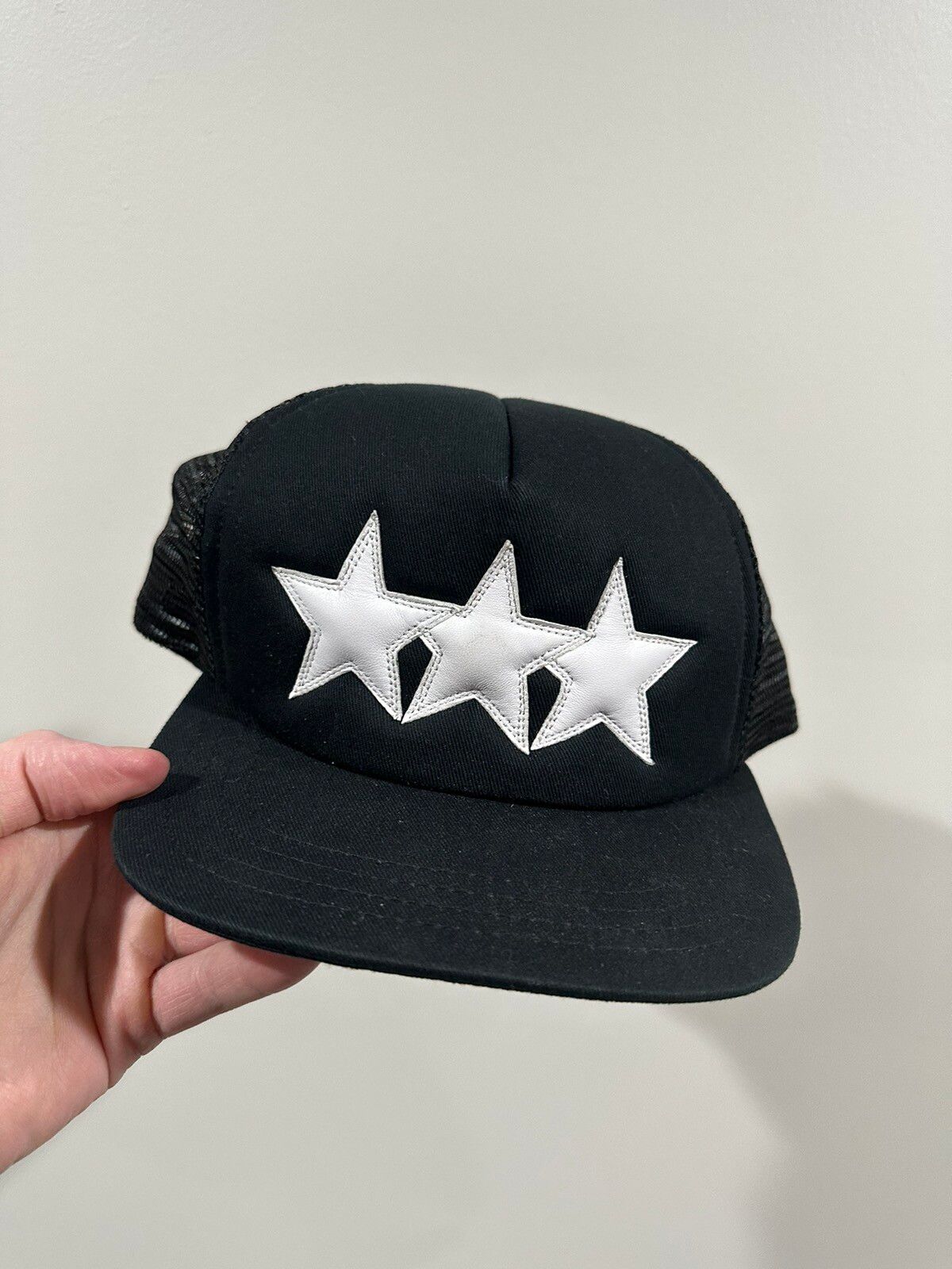 Pre-owned Chrome Hearts Ch 3 Leather Stars Trucker Hat Black